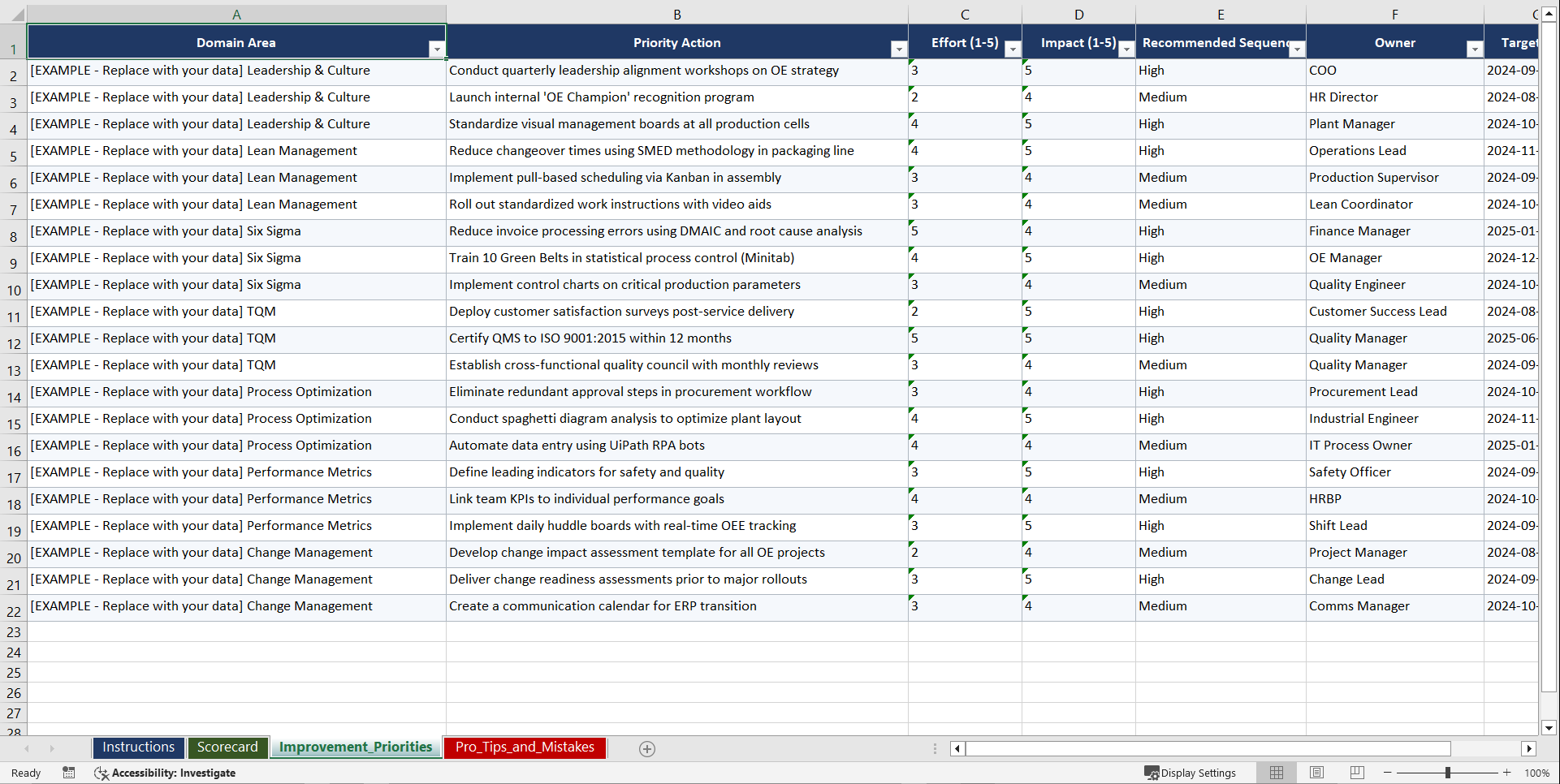 Operational Excellence and Continuous Improvement Playbook (Excel template (XLSX)) Preview Image