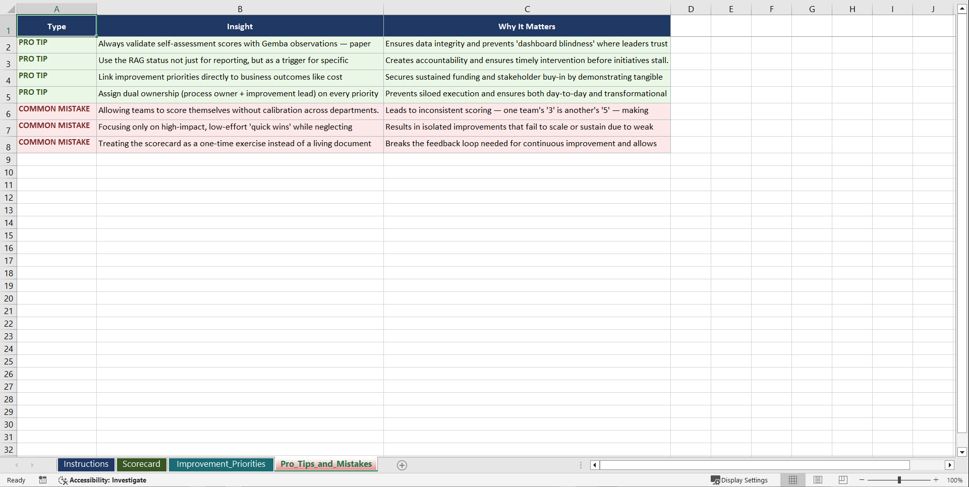 Operational Excellence and Continuous Improvement Playbook (Excel template (XLSX)) Preview Image