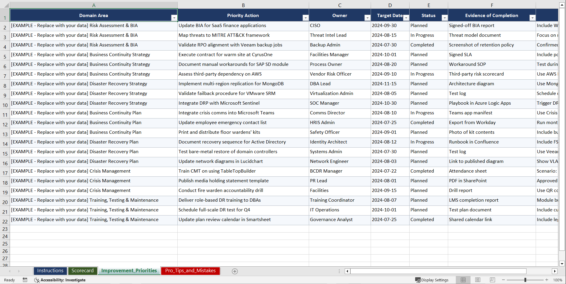 Business Continuity and Disaster Recovery Playbook (Excel template (XLSX)) Preview Image