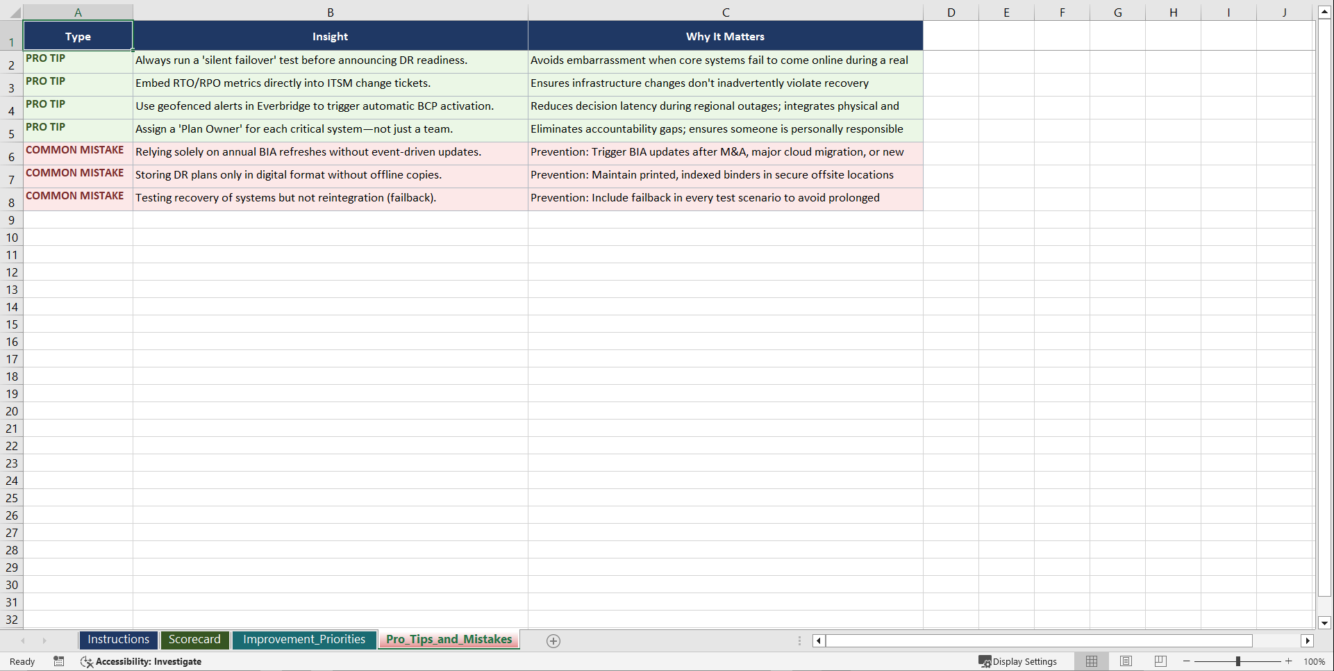 Business Continuity and Disaster Recovery Playbook (Excel template (XLSX)) Preview Image