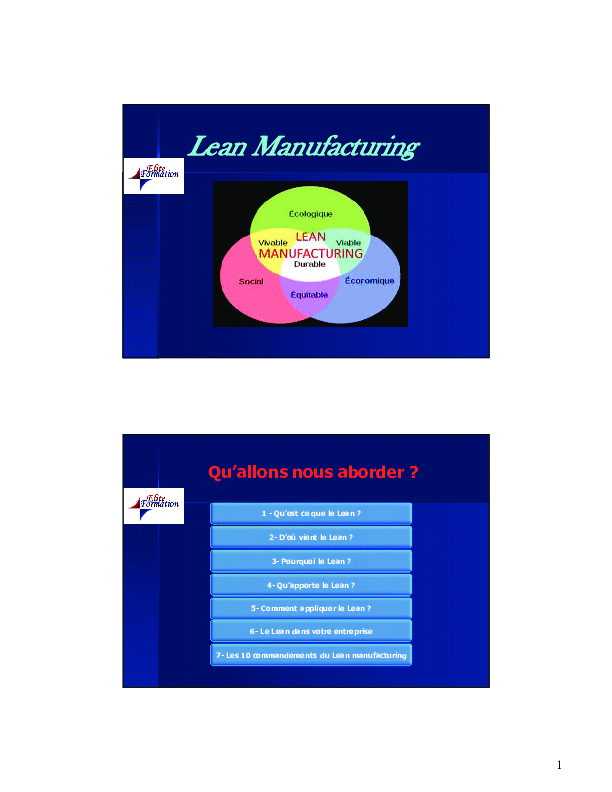 This is a partial preview of Leadership in Lean Manufacturing (French) (49-page PDF document). Full document is 49 pages. 