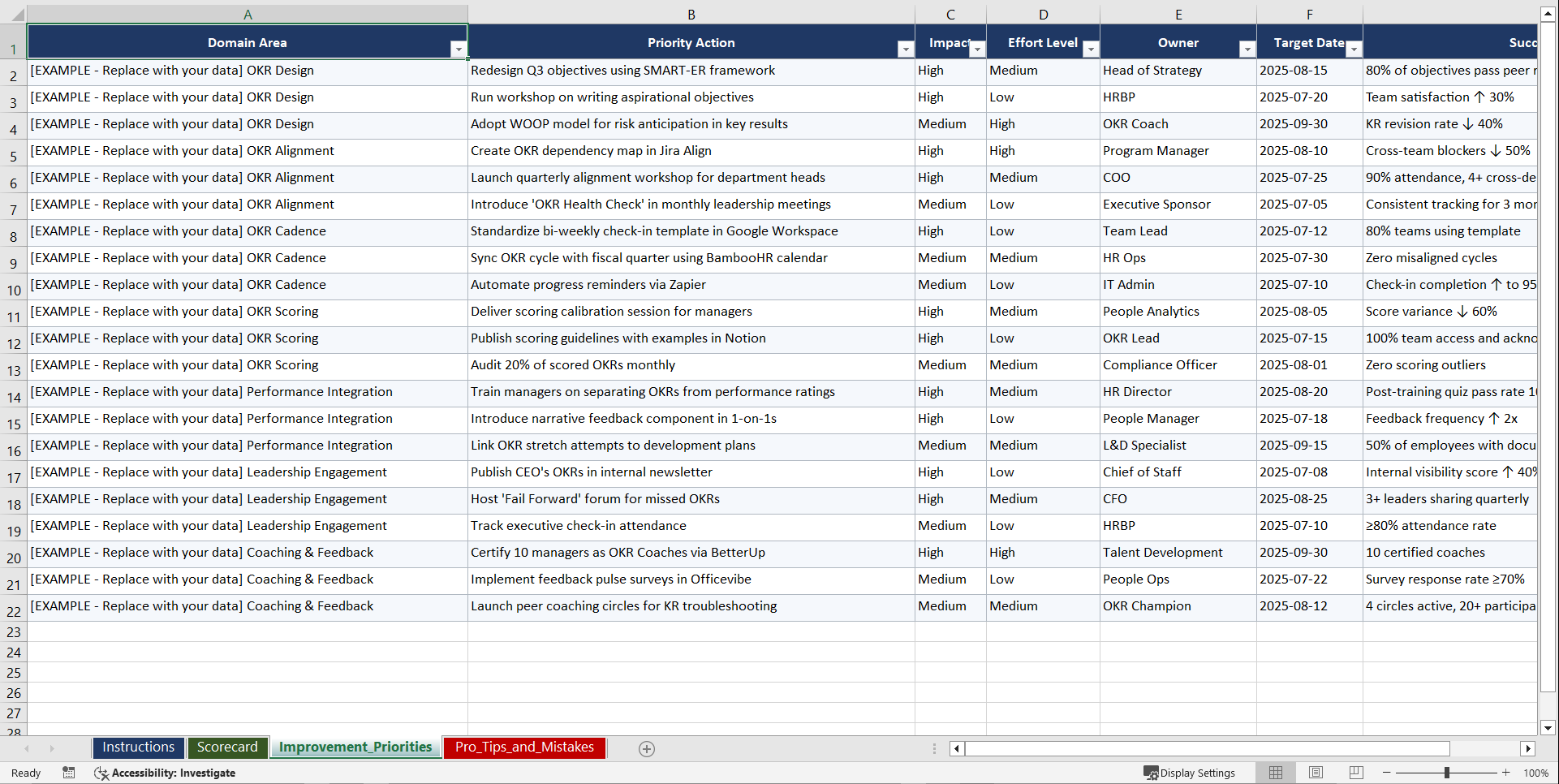 OKR Implementation and Performance Management Playbook (Excel template (XLSX)) Preview Image