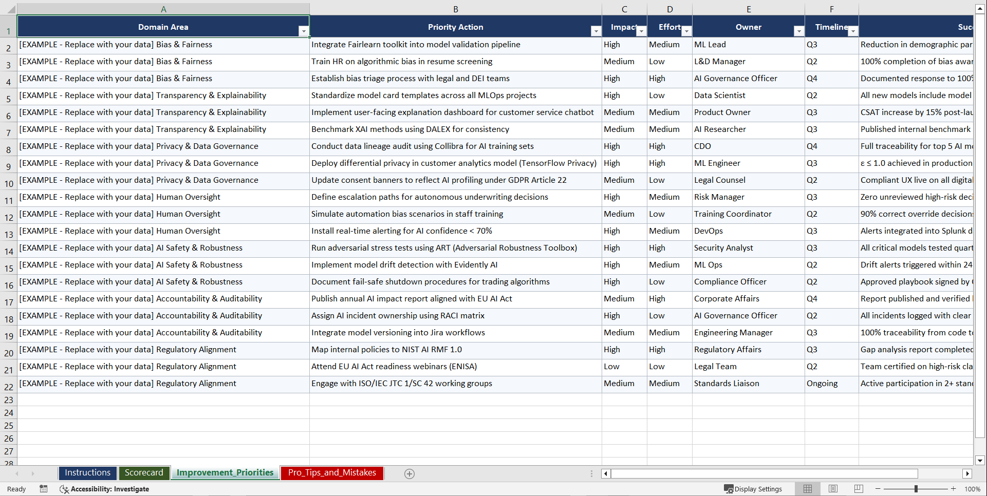 AI Governance and Responsible AI Policy Framework Playbook (Excel template (XLSX)) Preview Image