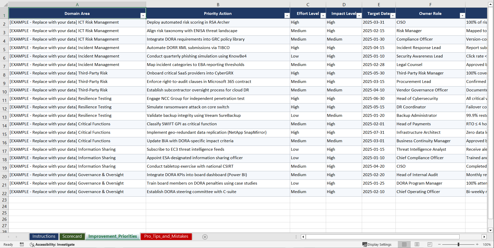 DORA Digital Operational Resilience Act Compliance Playbook (Excel template (XLSX)) Preview Image