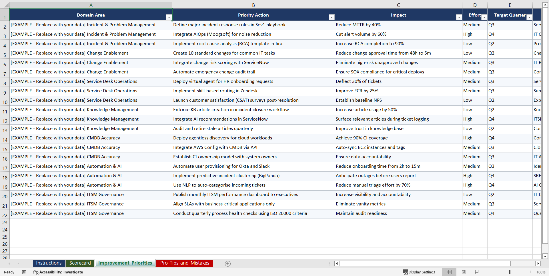 IT Service Management ITSM Modernization Playbook (Excel template (XLSX)) Preview Image