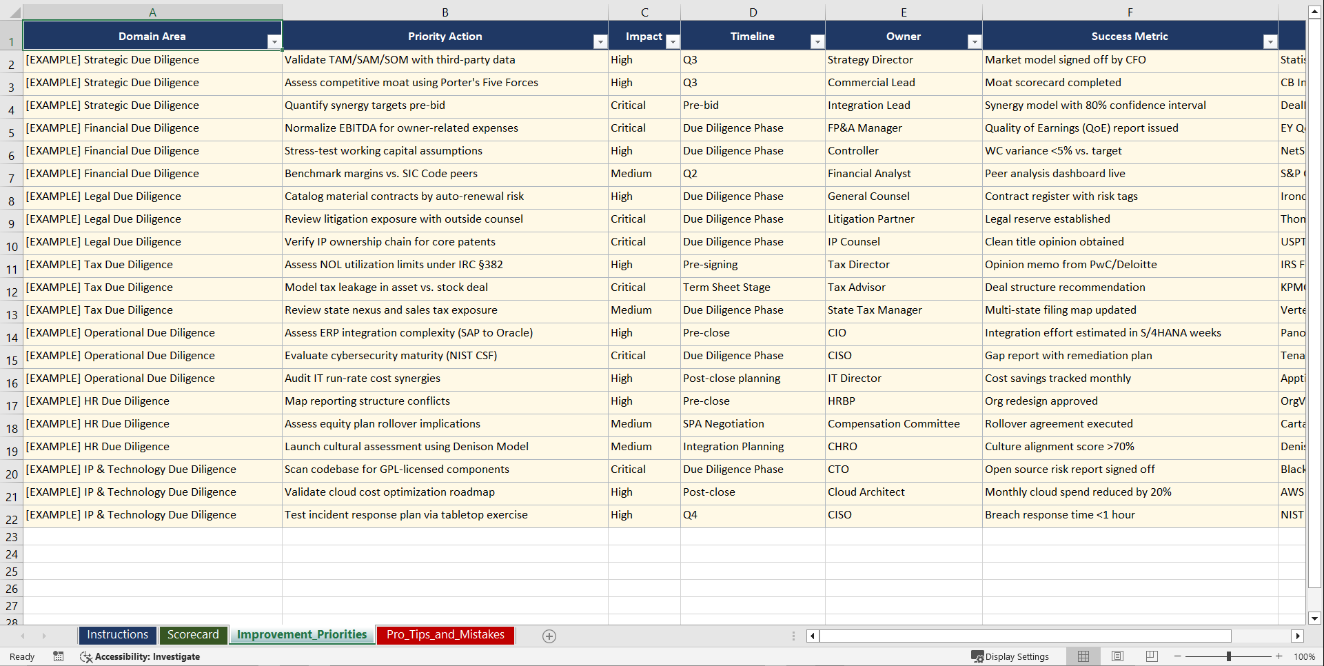 Mergers and Acquisitions Due Diligence Playbook (Excel template (XLSX)) Preview Image