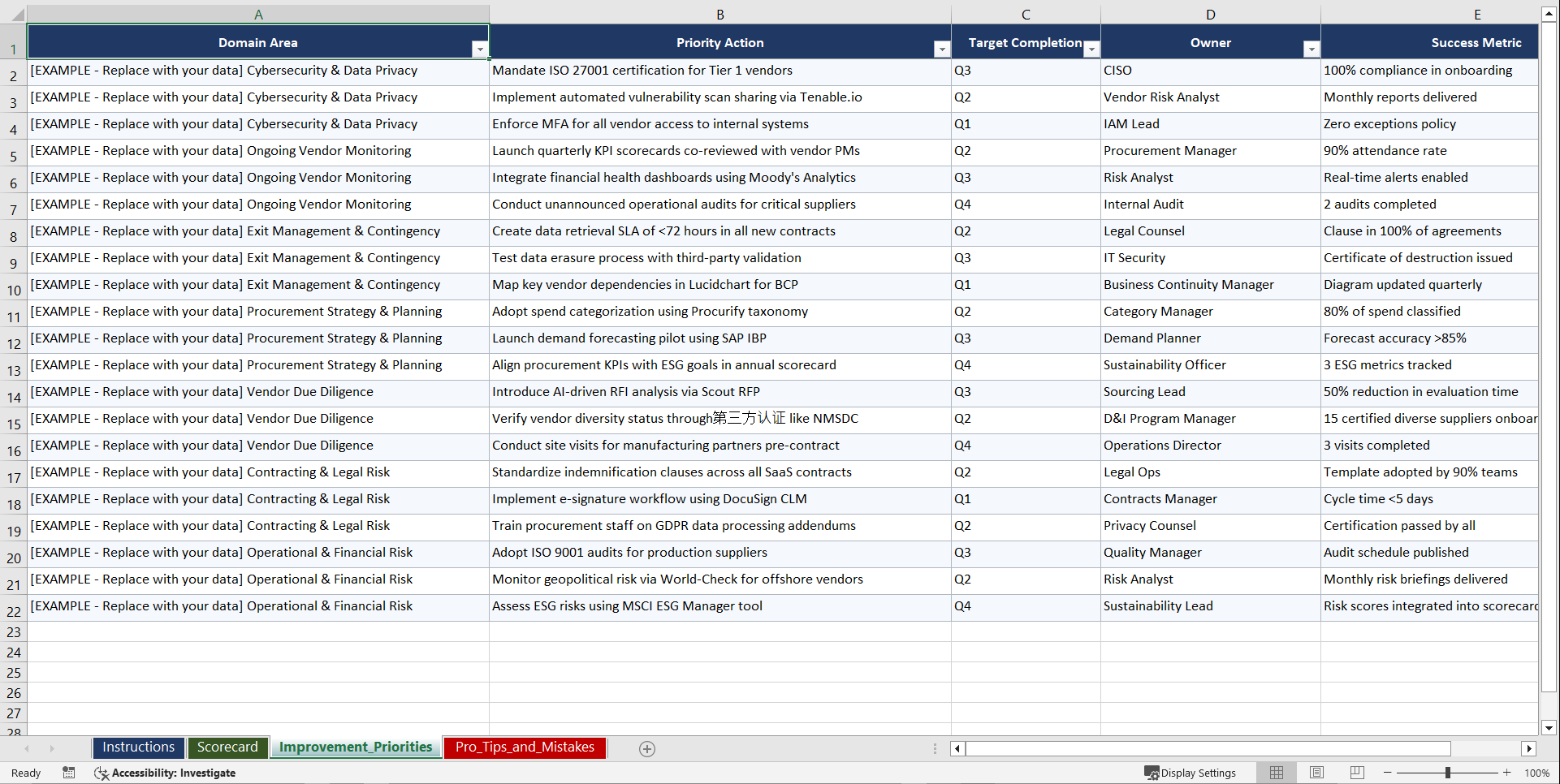 Vendor Risk Assessment and Procurement Excellence Playbook (Excel template (XLSX)) Preview Image