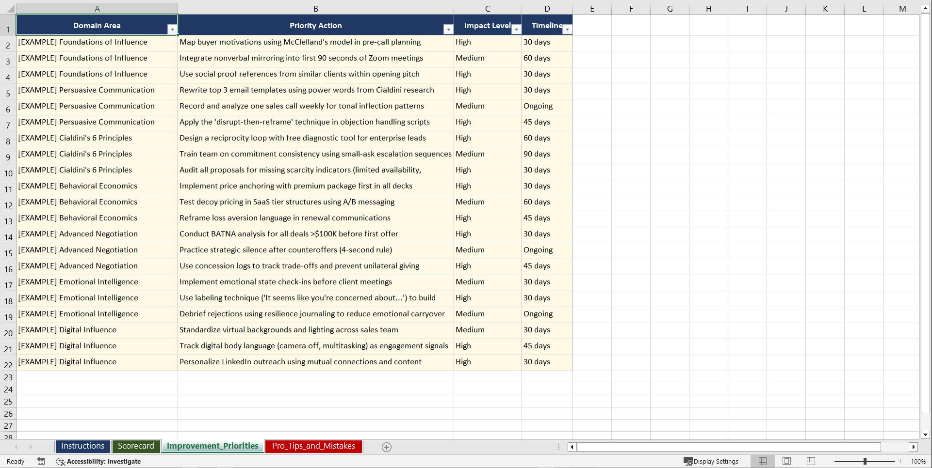 Selling Strategies: The Psychology of Influence Playbook (Excel template (XLSX)) Preview Image