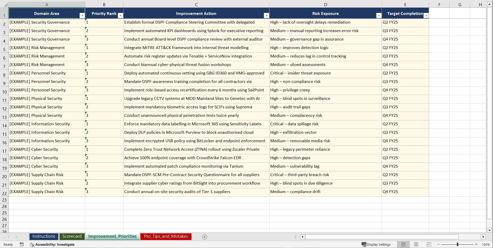DSPF Defence Security Principles Framework Playbook (Excel template (XLSX)) Preview Image