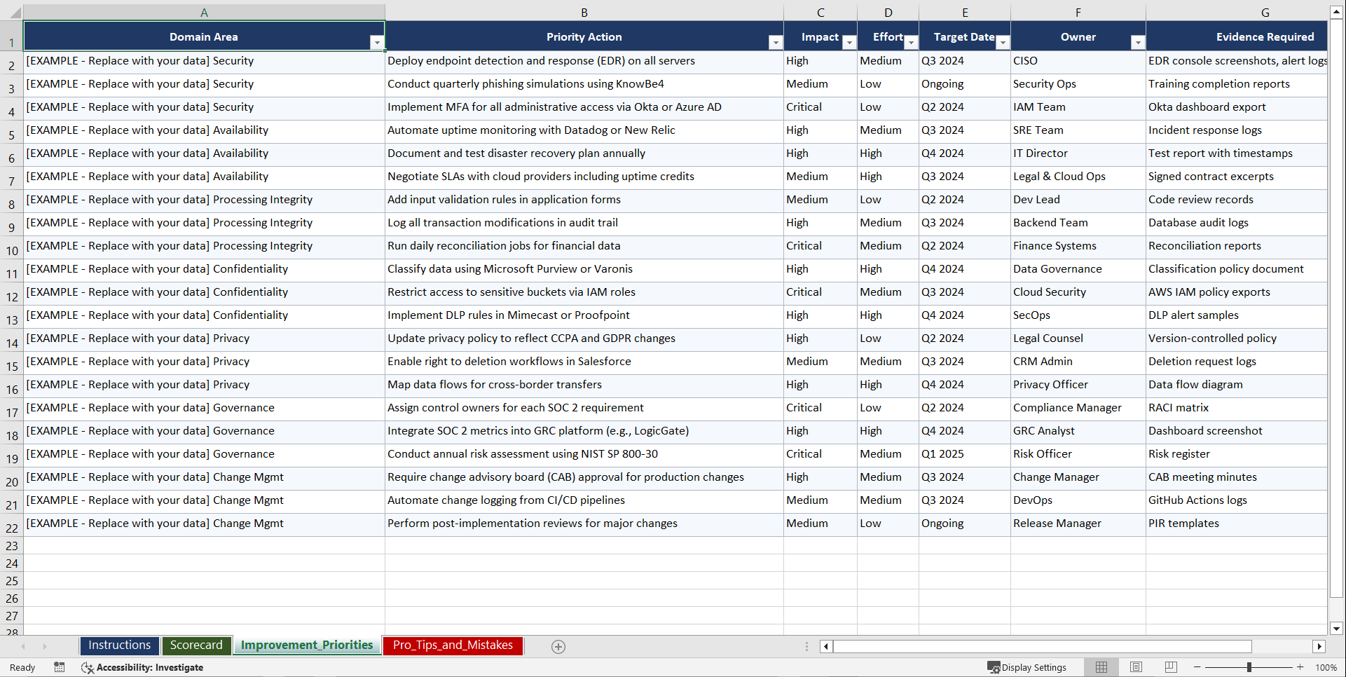 SOC 2 Type II Compliance Playbook (Excel template (XLSX)) Preview Image