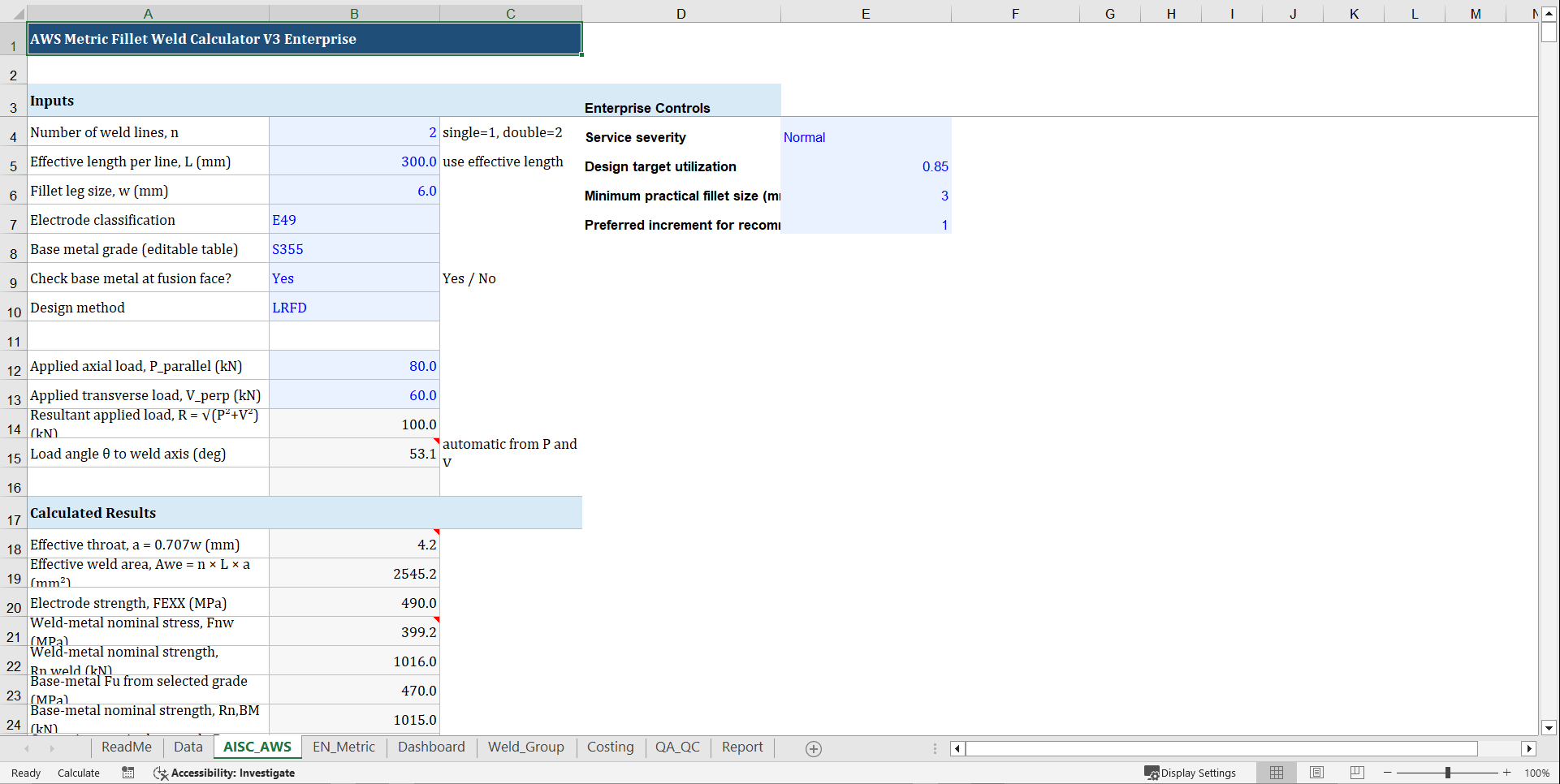 Weld Strength Calculator V3 Enterprise – Metric Design, Fail (Excel template (XLSX)) Preview Image