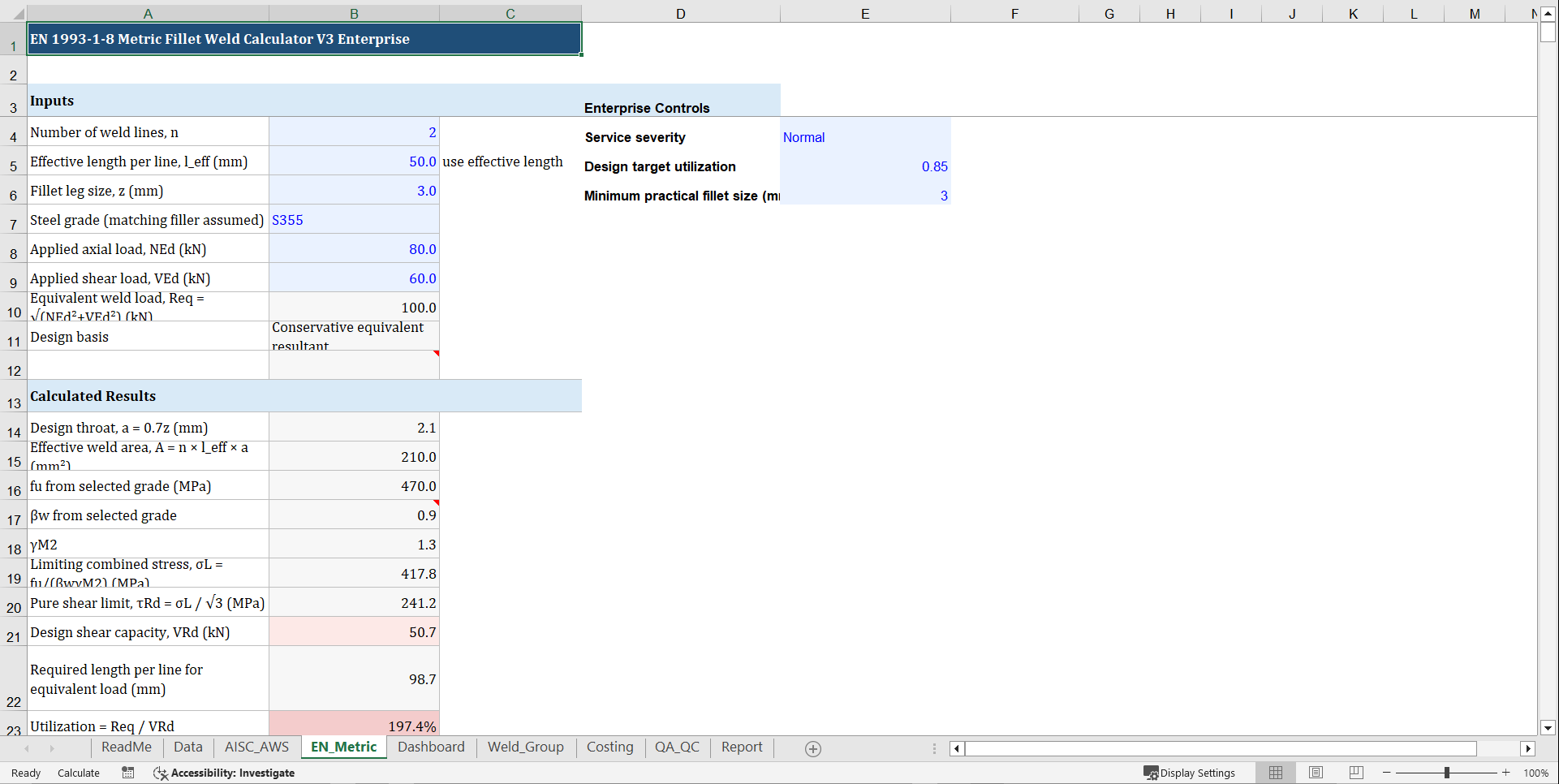 Weld Strength Calculator V3 Enterprise – Metric Design, Fail (Excel template (XLSX)) Preview Image