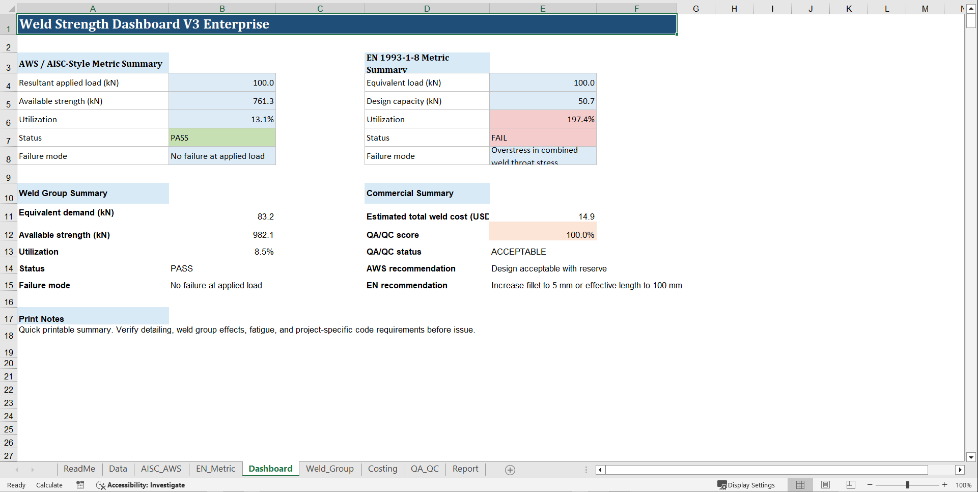 Weld Strength Calculator V3 Enterprise – Metric Design, Fail (Excel template (XLSX)) Preview Image
