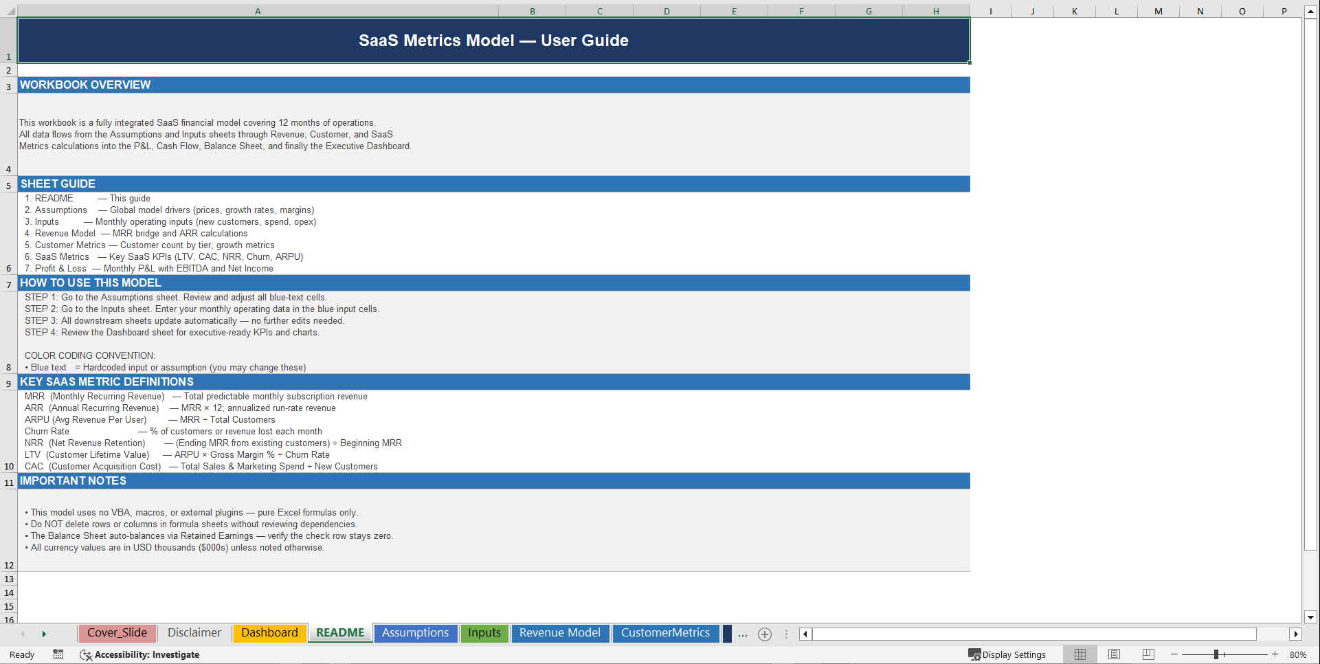 Ultimate SaaS Financial Metrics Dashboard (Excel template (XLSX)) Preview Image
