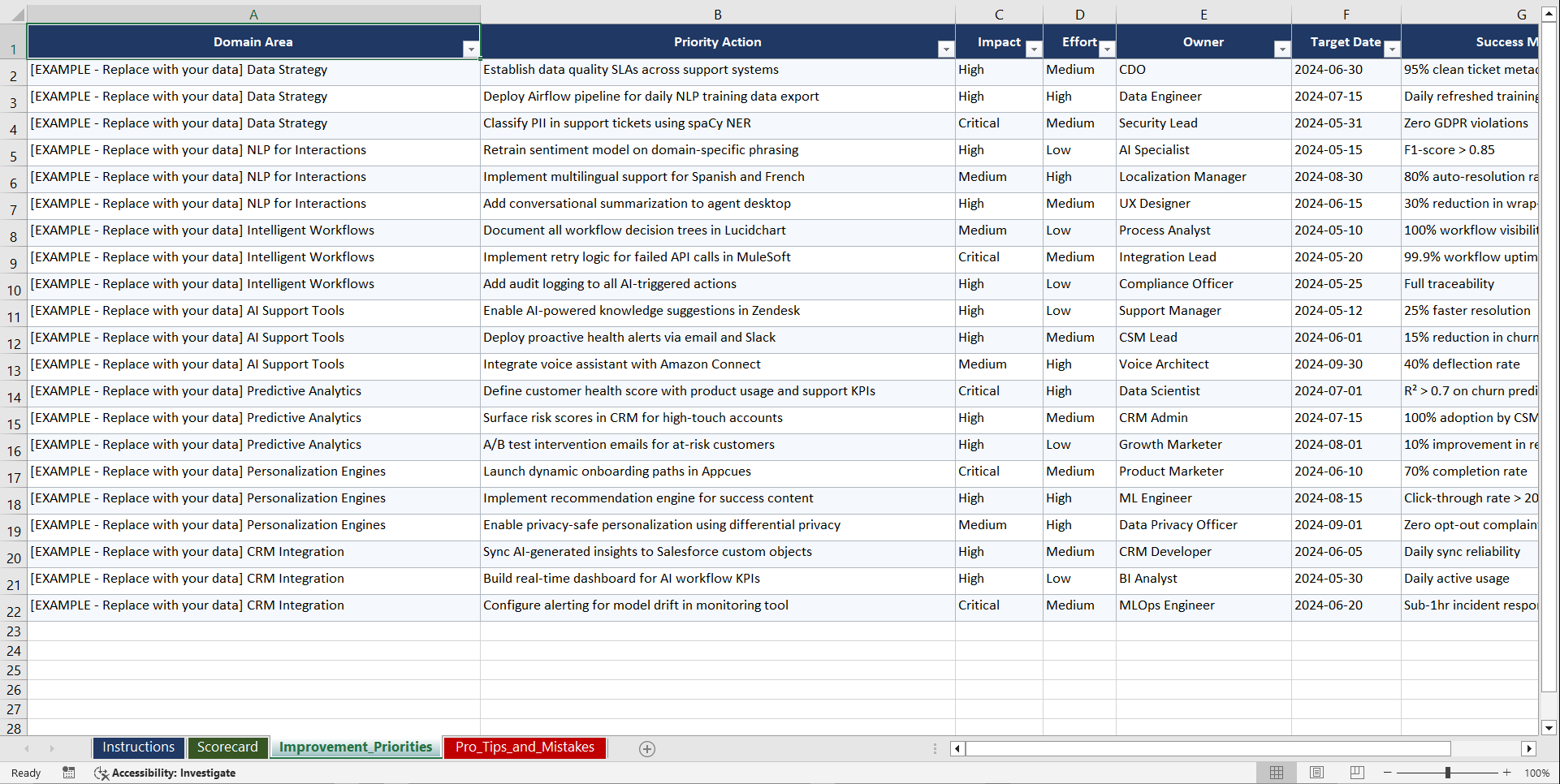 AI for Customer Success Intelligent Workflows Playbook (Excel template (XLSX)) Preview Image