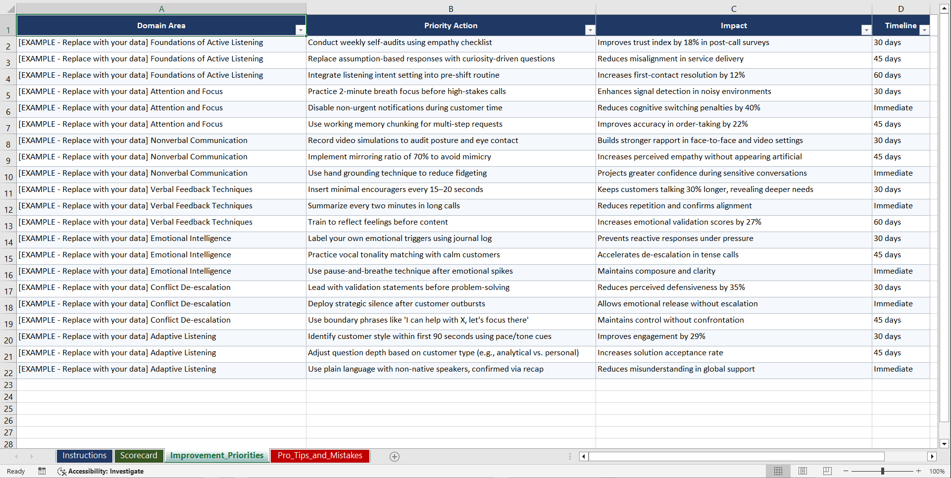 Active Listening for Service Professionals Playbook (Excel template (XLSX)) Preview Image