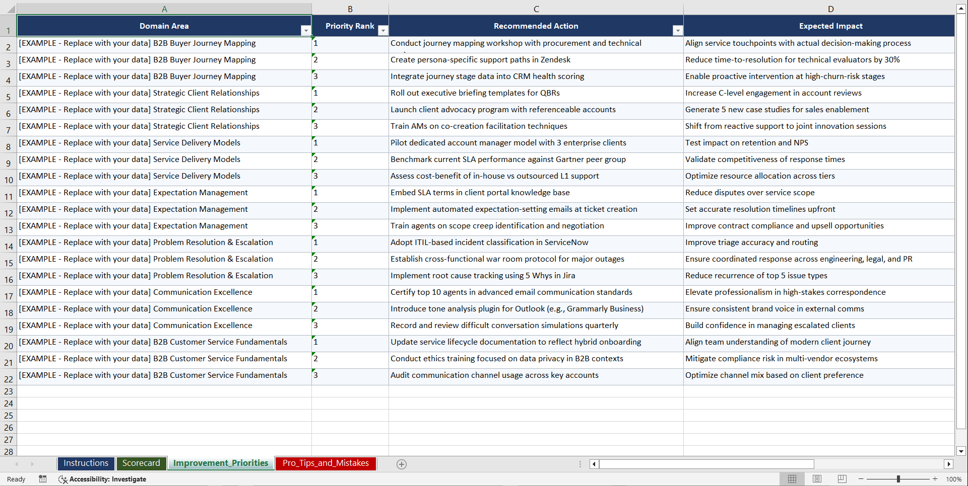 B2B Customer Service Excellence Playbook (Excel template (XLSX)) Preview Image