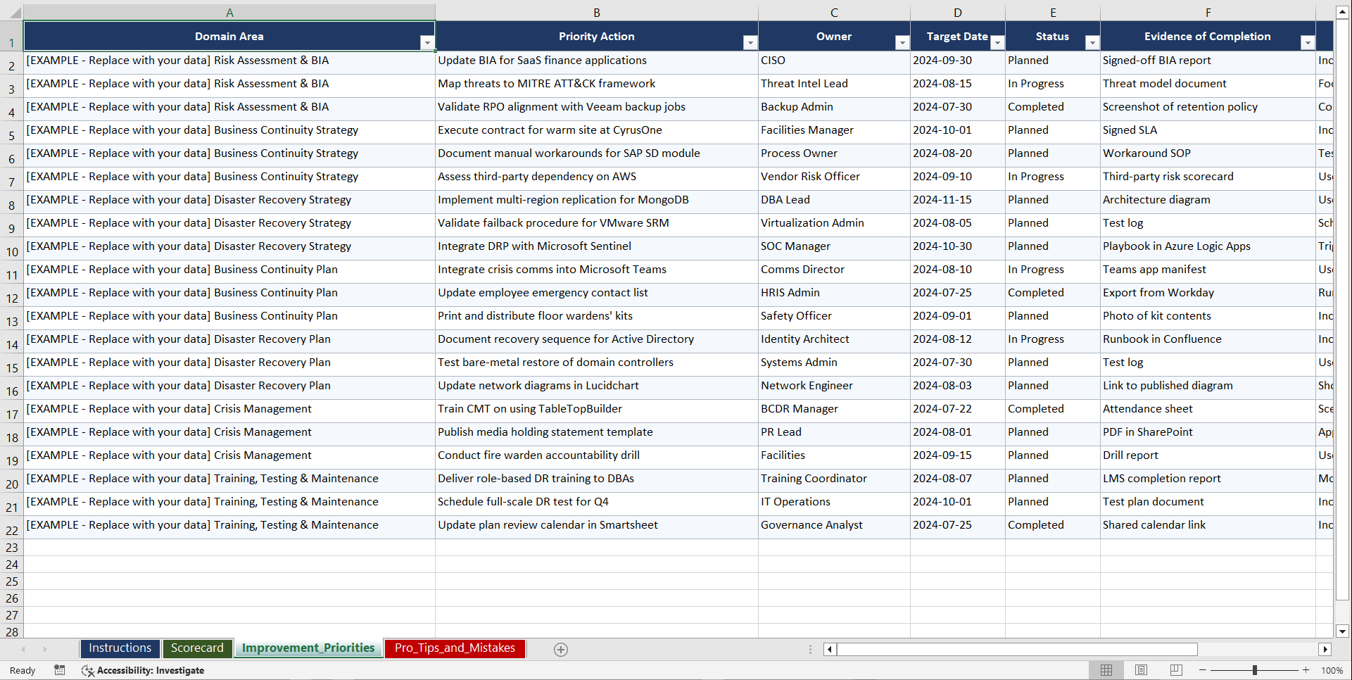 Business Continuity and Disaster Recovery Planning Playbook (Excel template (XLSX)) Preview Image