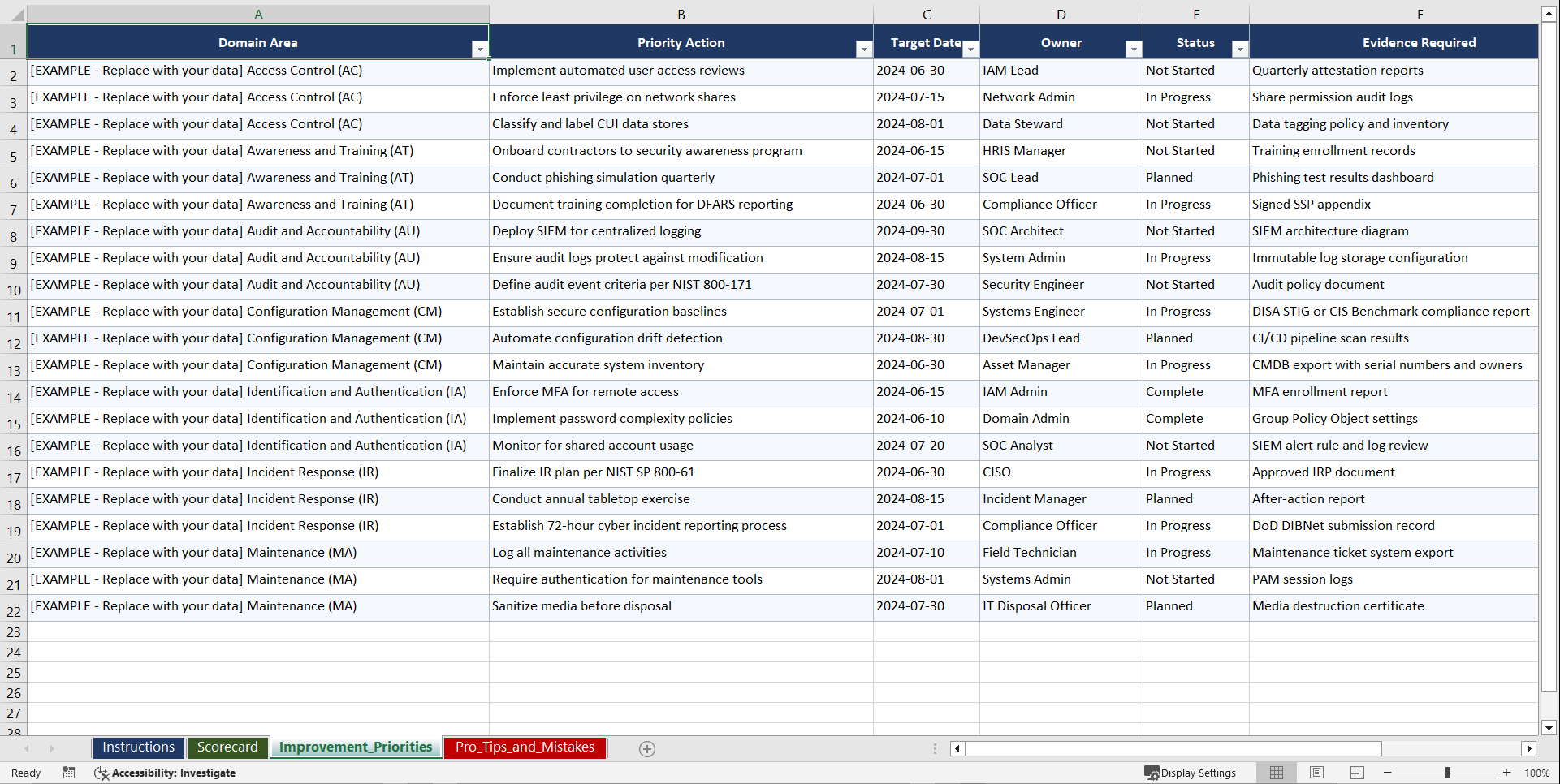 CMMC 2.0 Cybersecurity Maturity Model Certification Playbook (Excel template (XLSX)) Preview Image