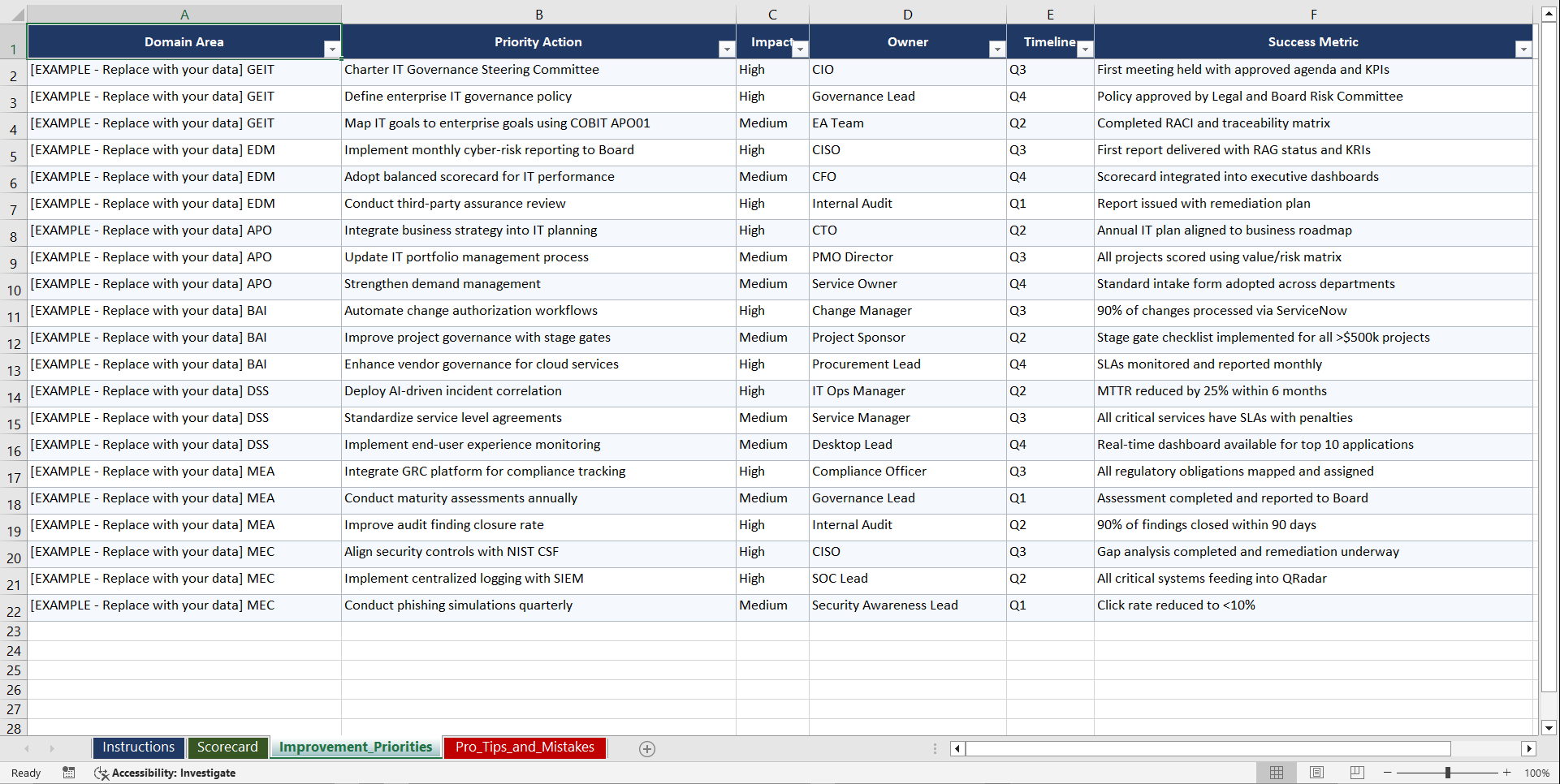 COBIT 2019 IT Governance Playbook (Excel template (XLSX)) Preview Image