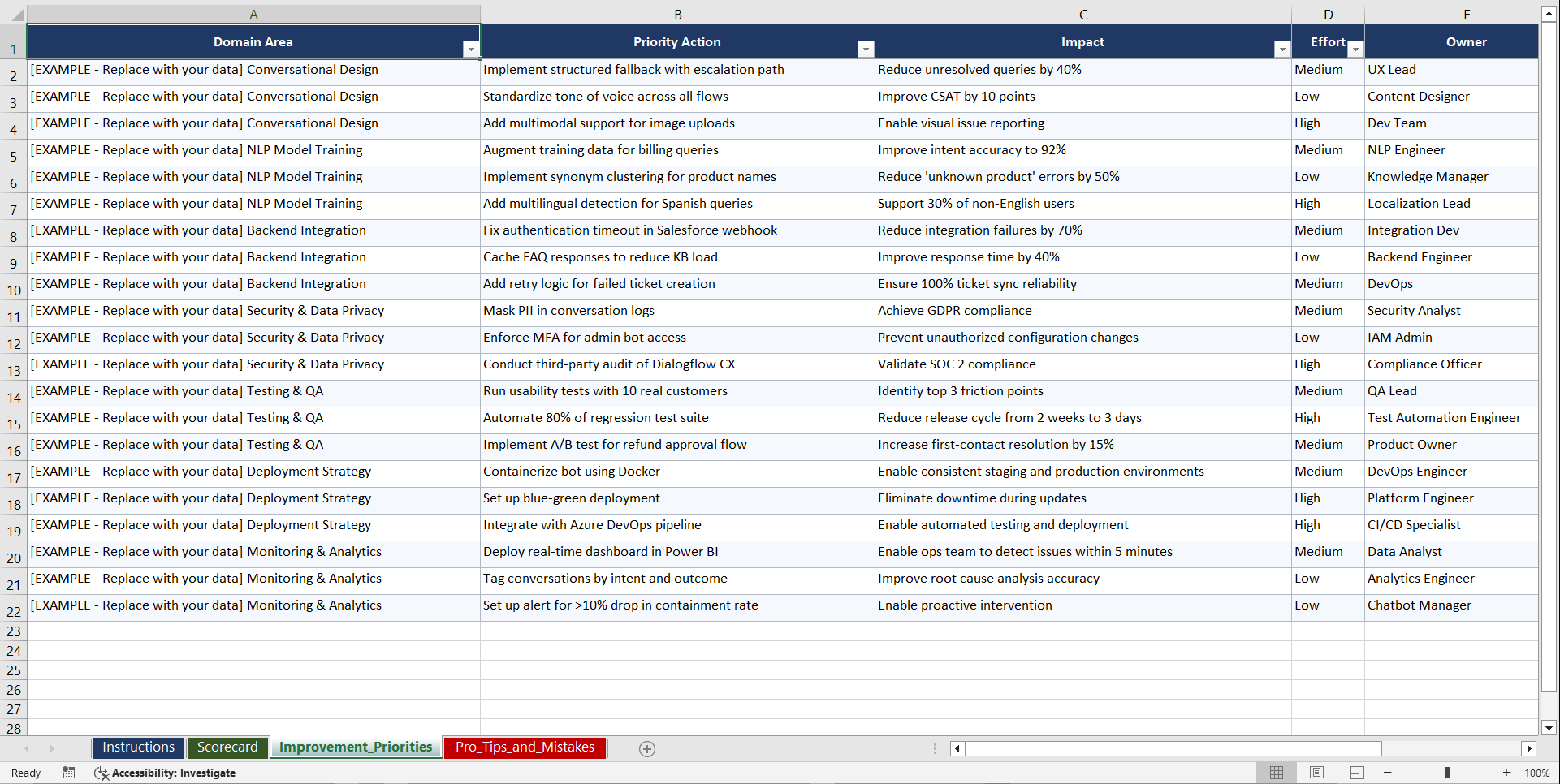 Chatbot Implementation for Service Playbook (Excel template (XLSX)) Preview Image
