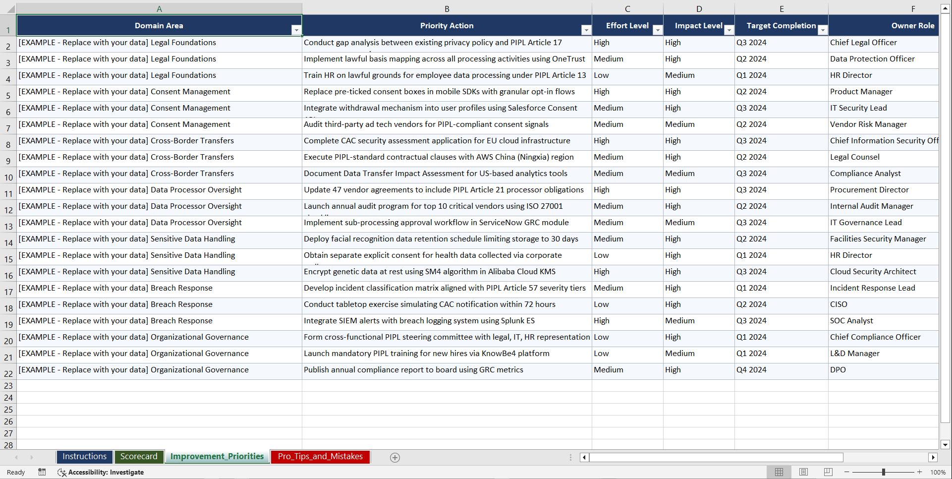China PIPL Personal Information Protection Playbook (Excel template (XLSX)) Preview Image