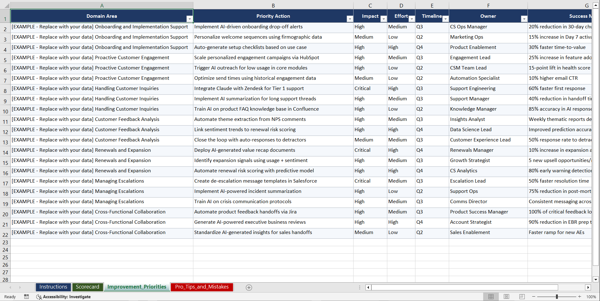 Claude for Customer Success Playbook (Excel template (XLSX)) Preview Image
