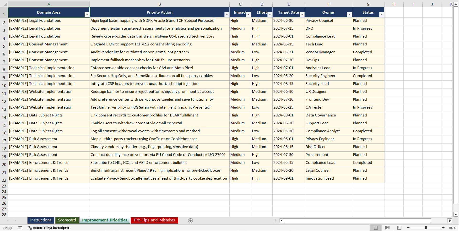 Cookie Consent and ePrivacy Compliance Playbook (Excel template (XLSX)) Preview Image