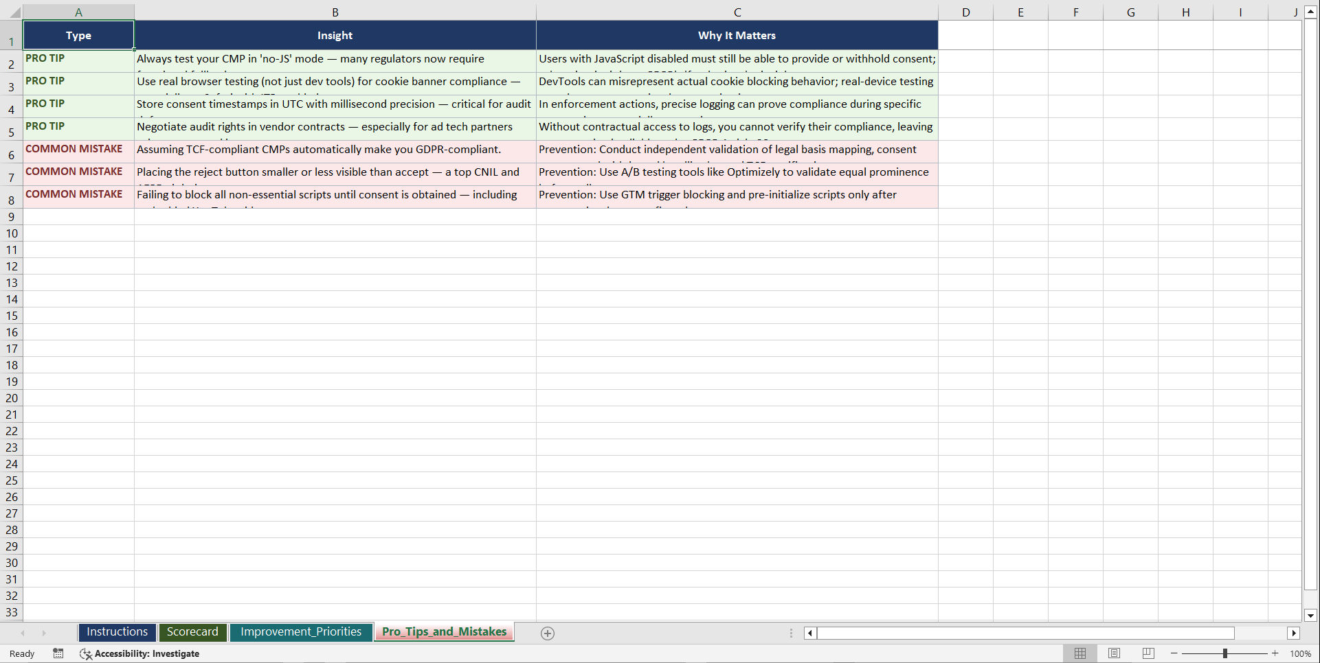 Cookie Consent and ePrivacy Compliance Playbook (Excel template (XLSX)) Preview Image