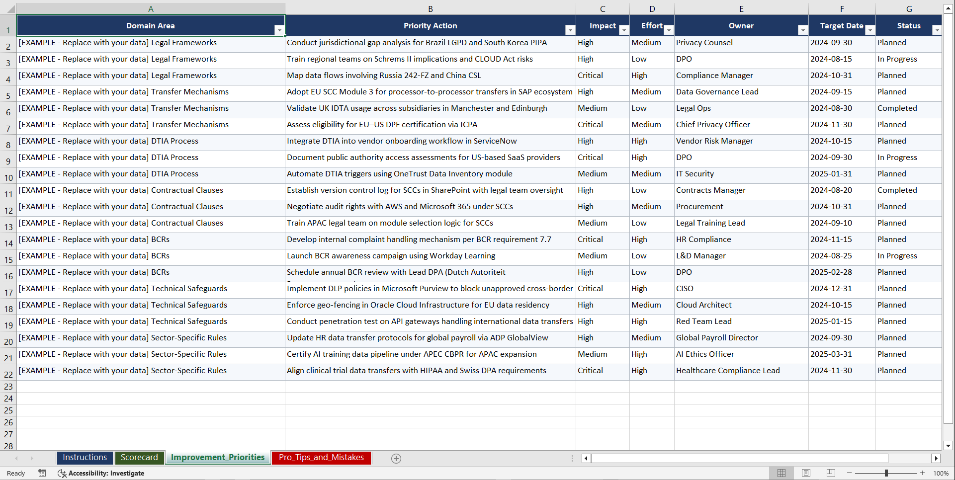 Cross Border Data Transfer Compliance Playbook (Excel template (XLSX)) Preview Image