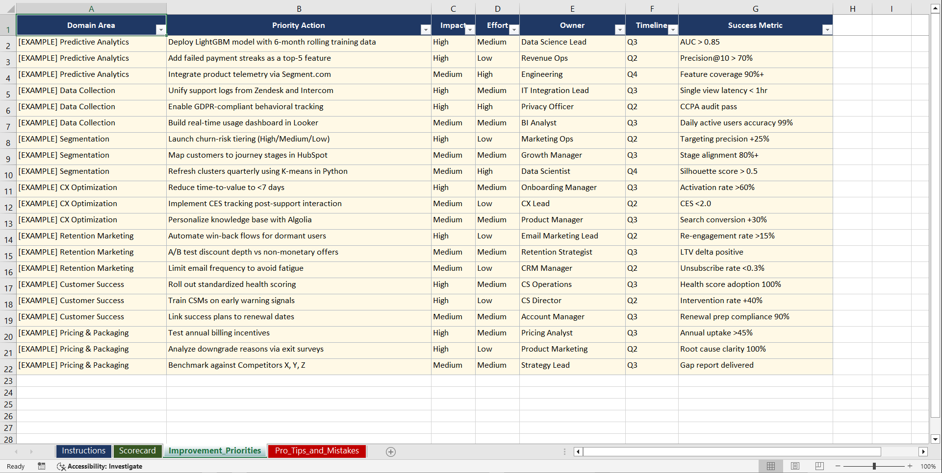 Customer Churn Prevention Playbook (Excel template (XLSX)) Preview Image
