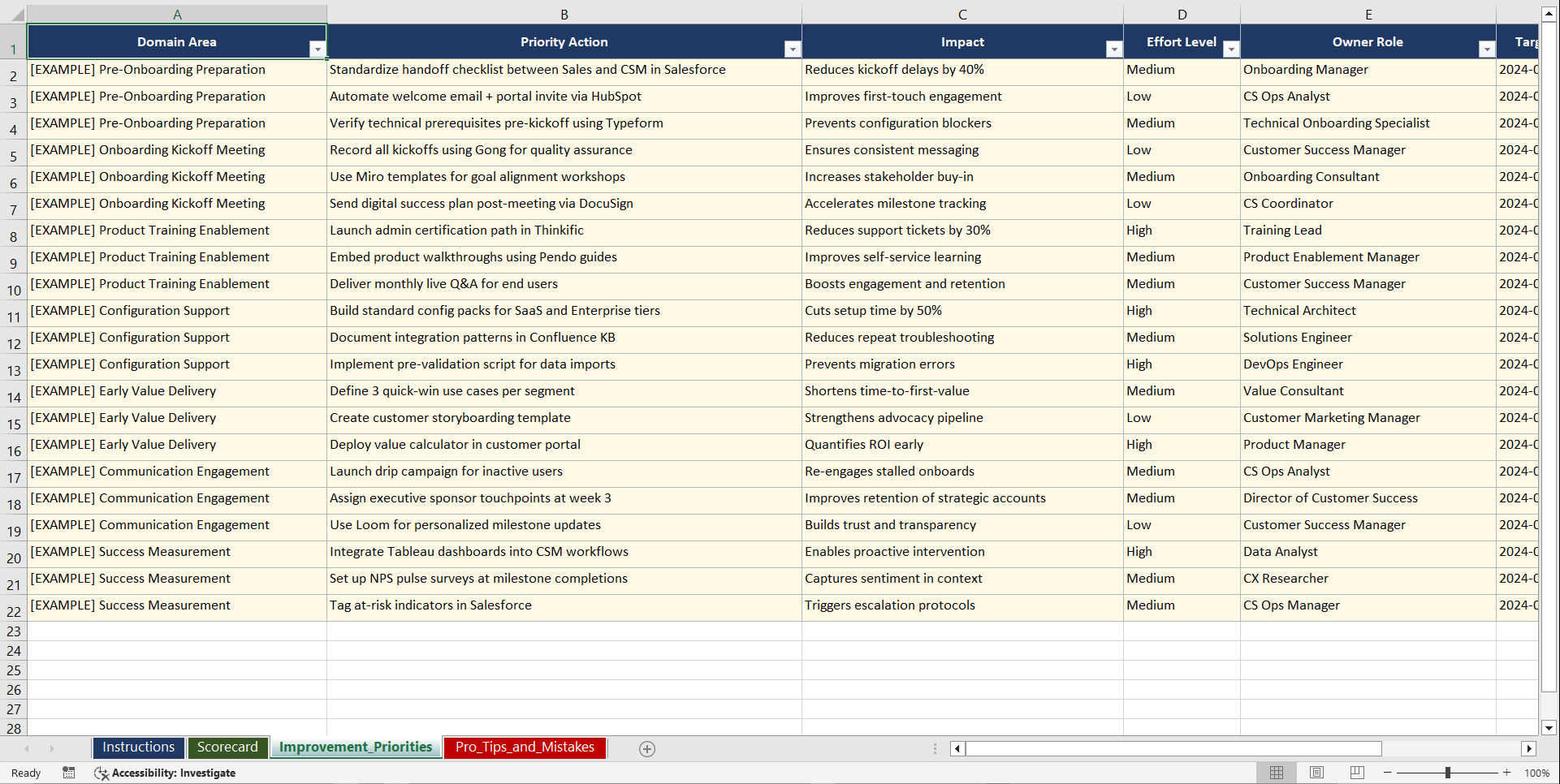 Customer Onboarding Best Practices Playbook (Excel template (XLSX)) Preview Image