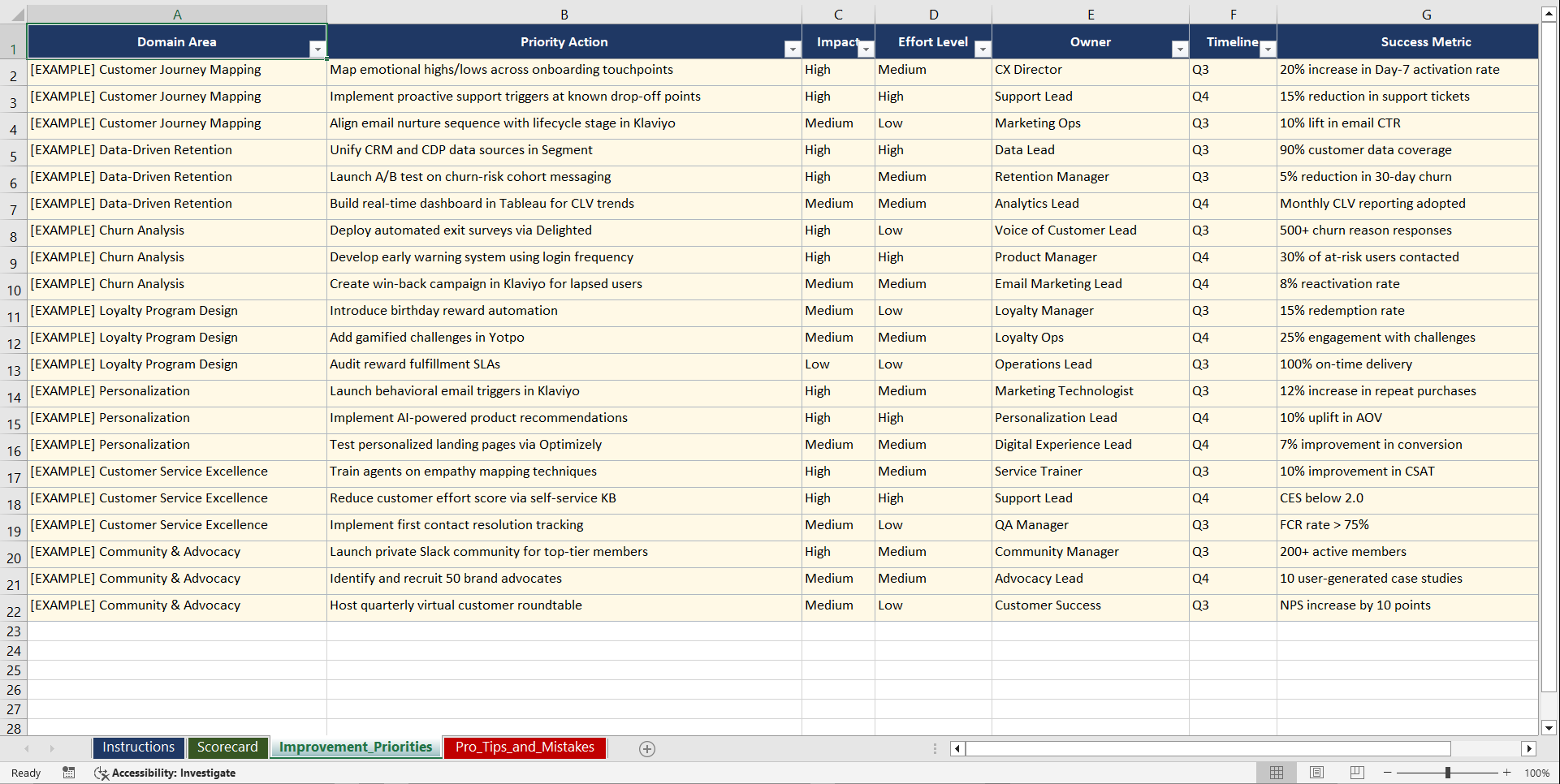 Customer Retention and Loyalty Playbook (Excel template (XLSX)) Preview Image