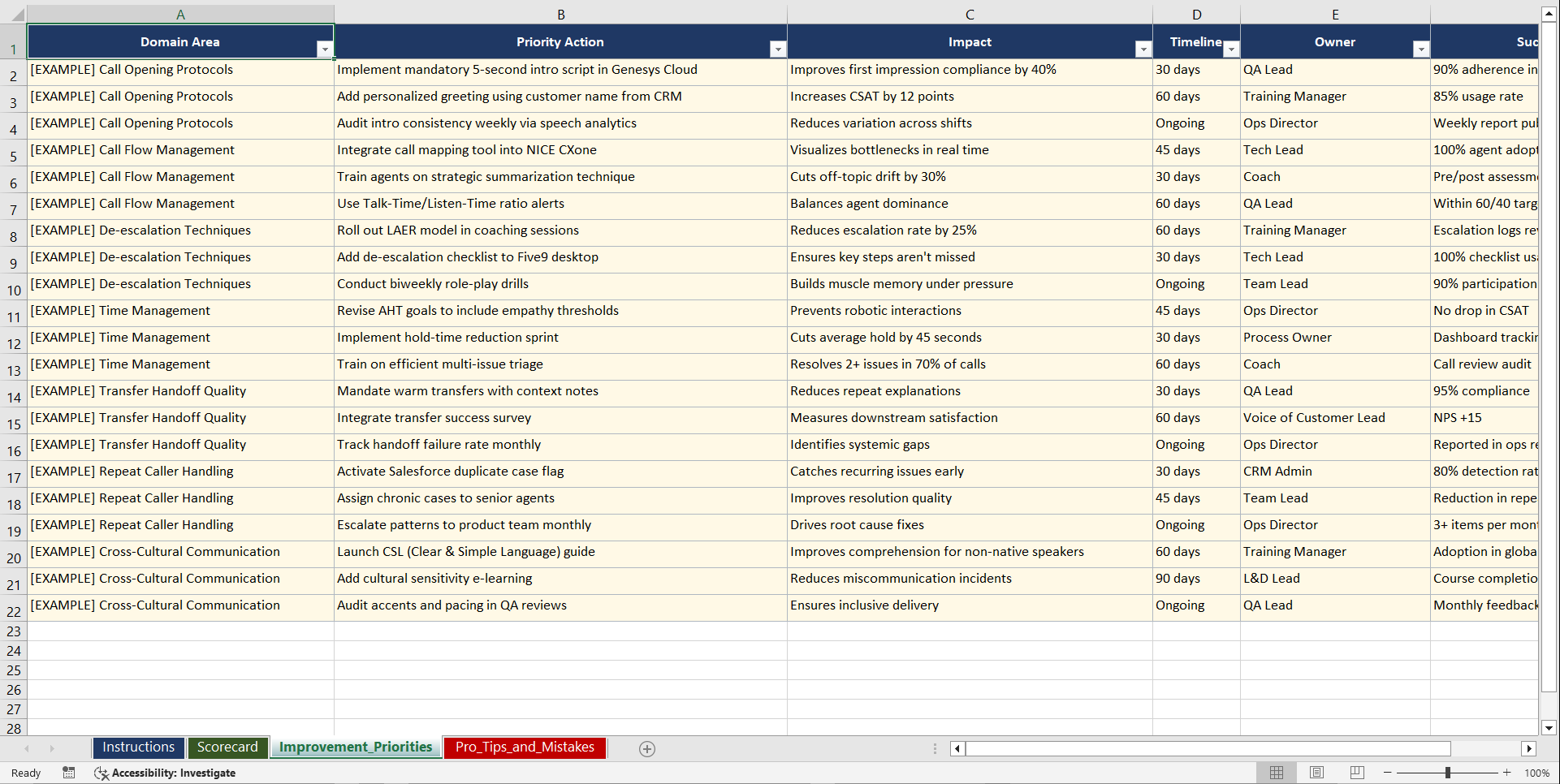 Customer Service Call Control Strategies Playbook (Excel template (XLSX)) Preview Image