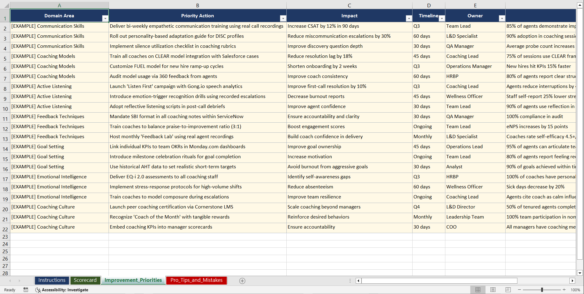 Customer Service Coaching Skills Playbook (Excel template (XLSX)) Preview Image