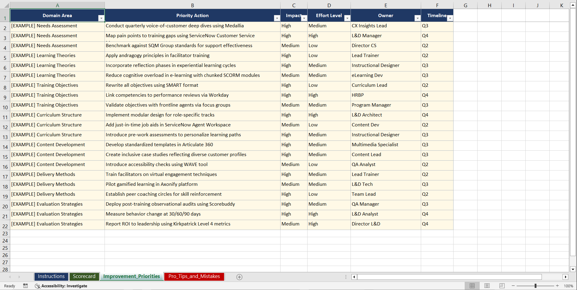 Customer Service Training Program Design Playbook (Excel template (XLSX)) Preview Image