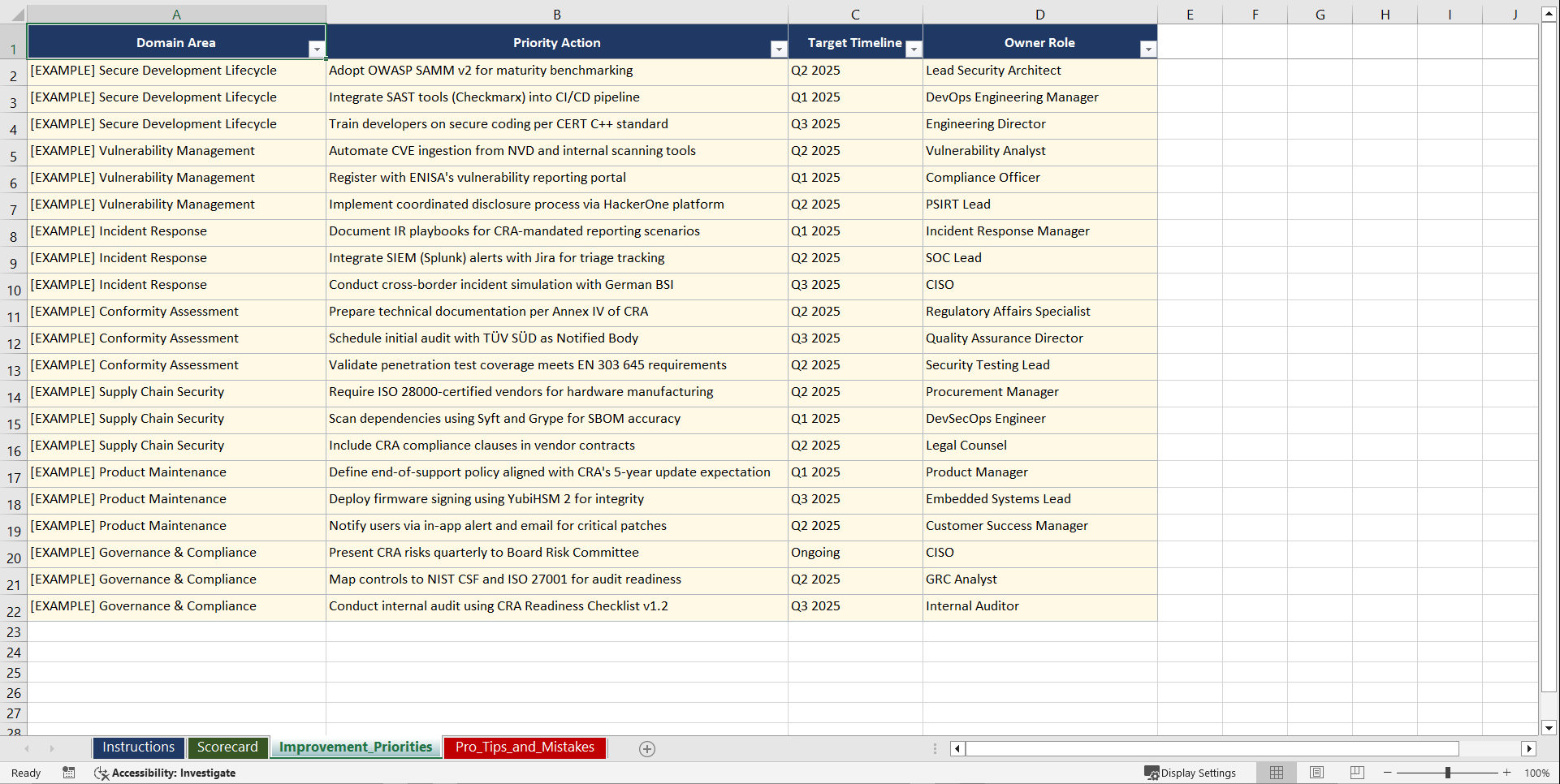 Cyber Resilience Act Product Security Playbook (Excel template (XLSX)) Preview Image