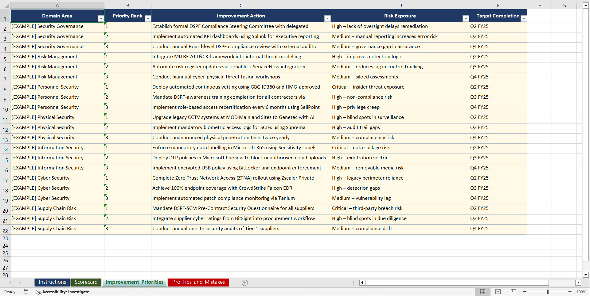 DSPF Defense Security Principles Framework Compliance Playbook (Excel template (XLSX)) Preview Image