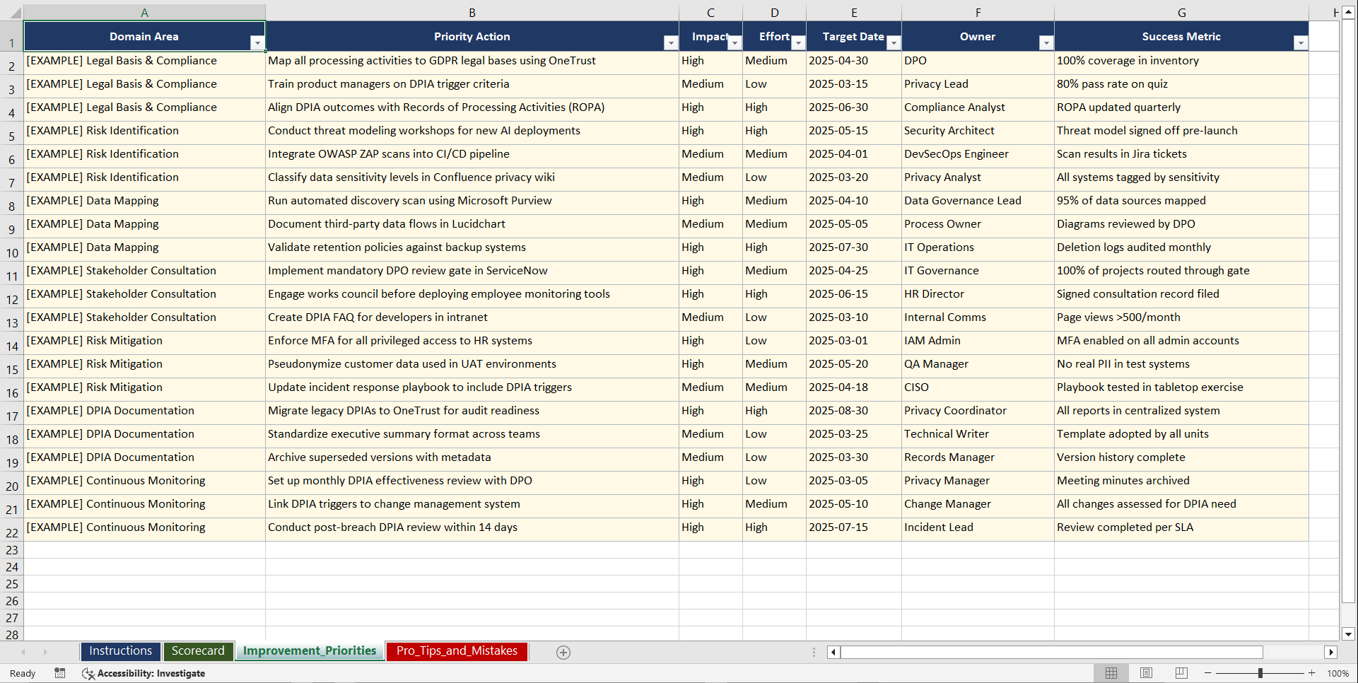 Data Protection Impact Assessment Playbook (Excel template (XLSX)) Preview Image