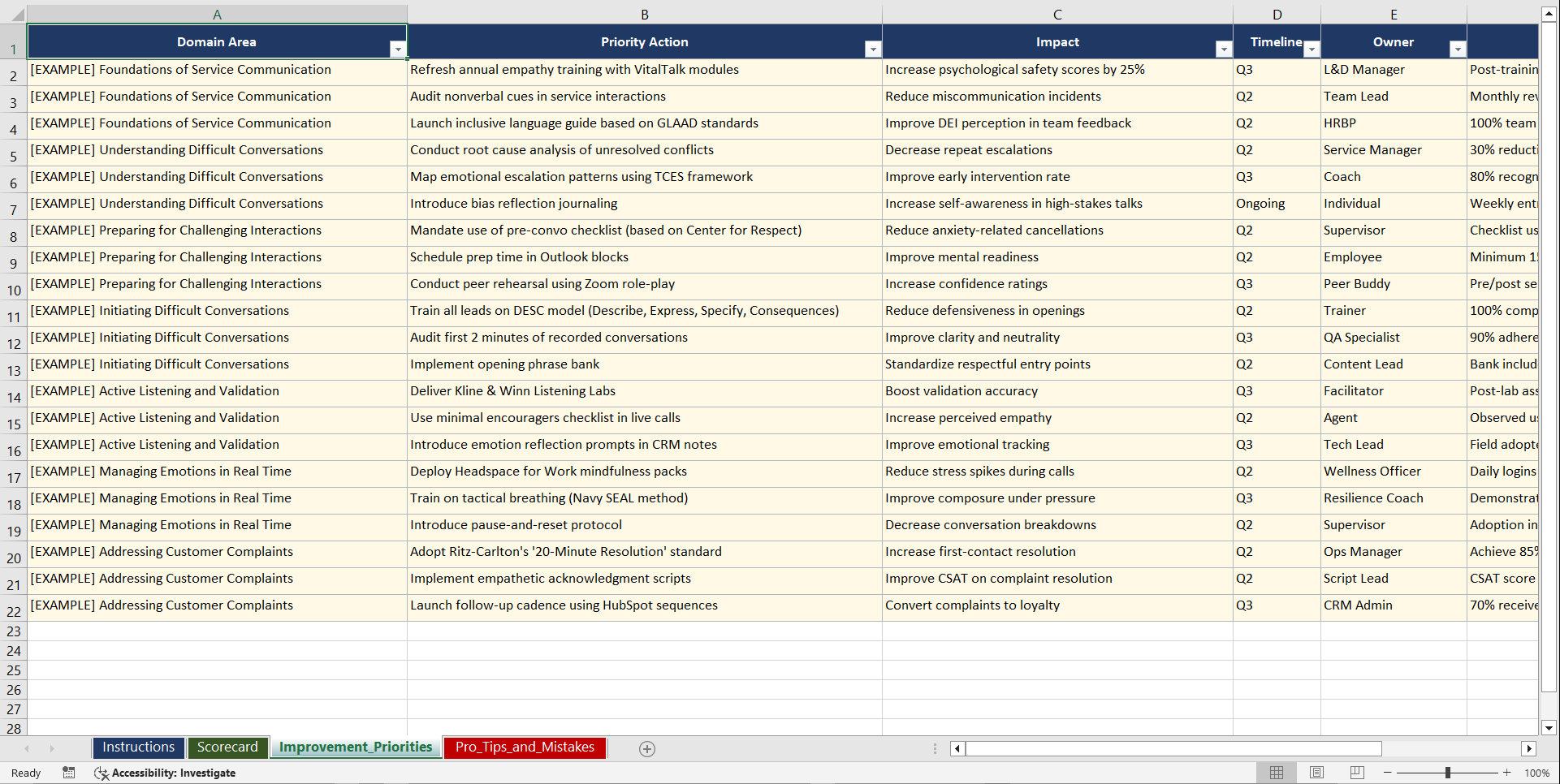 Difficult Conversations in Service Playbook (Excel template (XLSX)) Preview Image