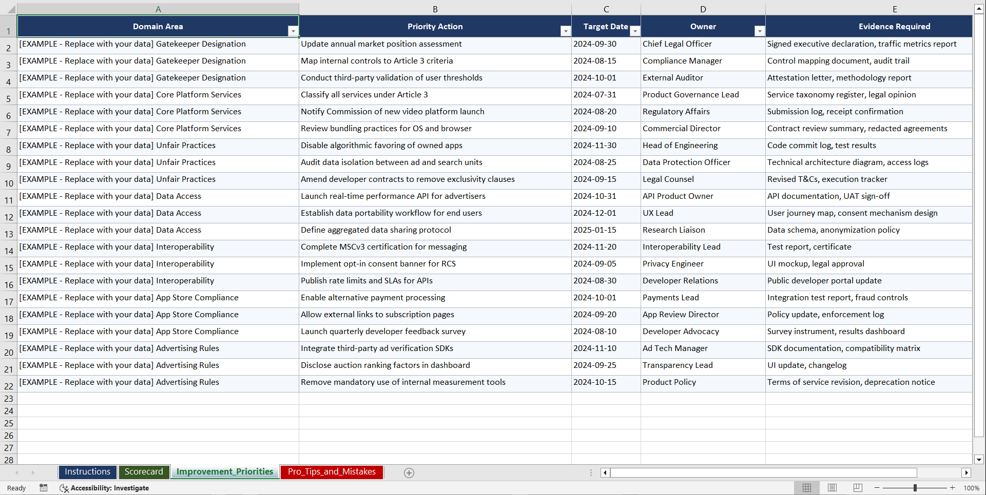 Digital Markets Act Compliance Playbook (Excel template (XLSX)) Preview Image