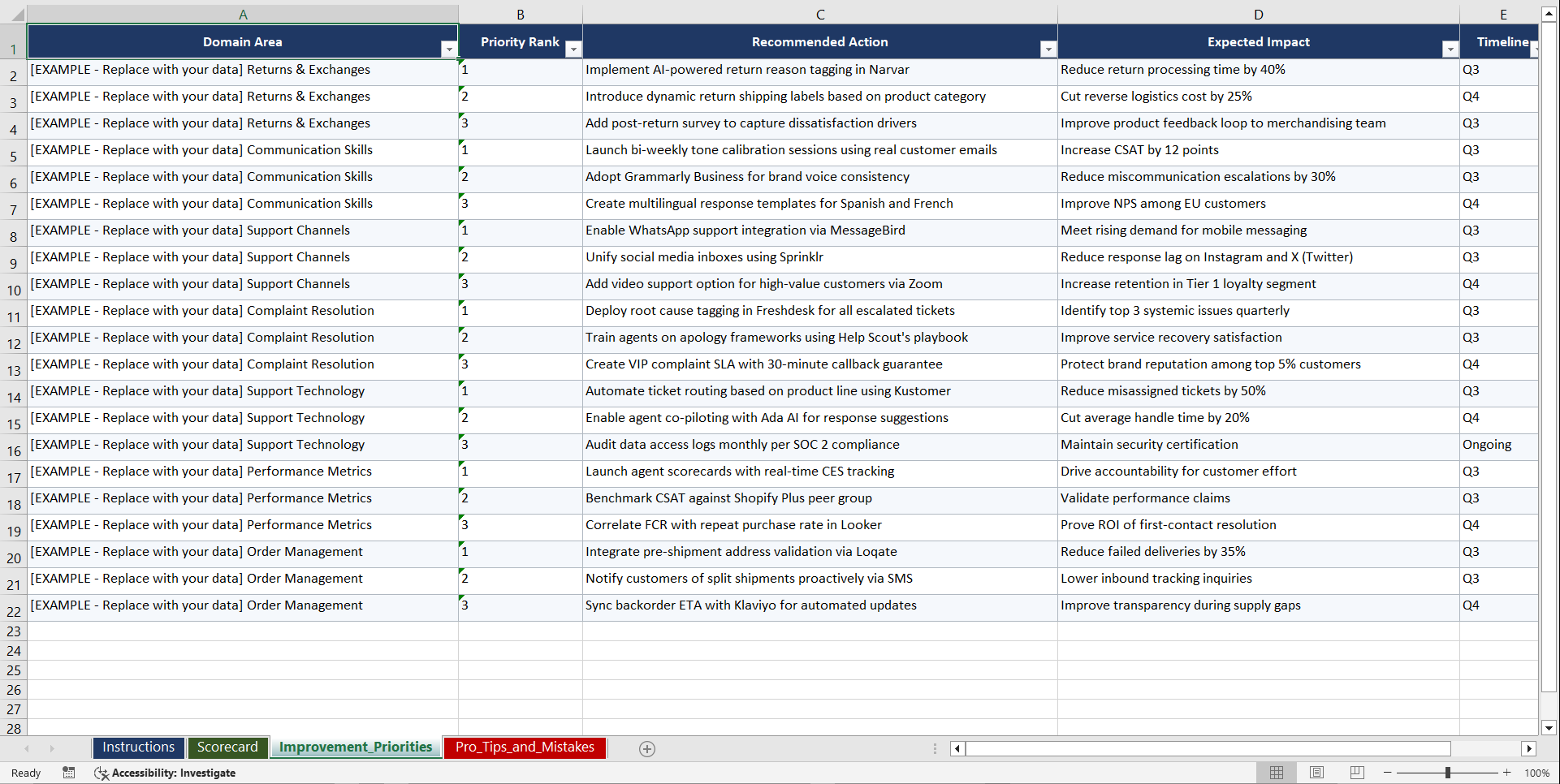 E Commerce Customer Service Excellence Playbook (Excel template (XLSX)) Preview Image
