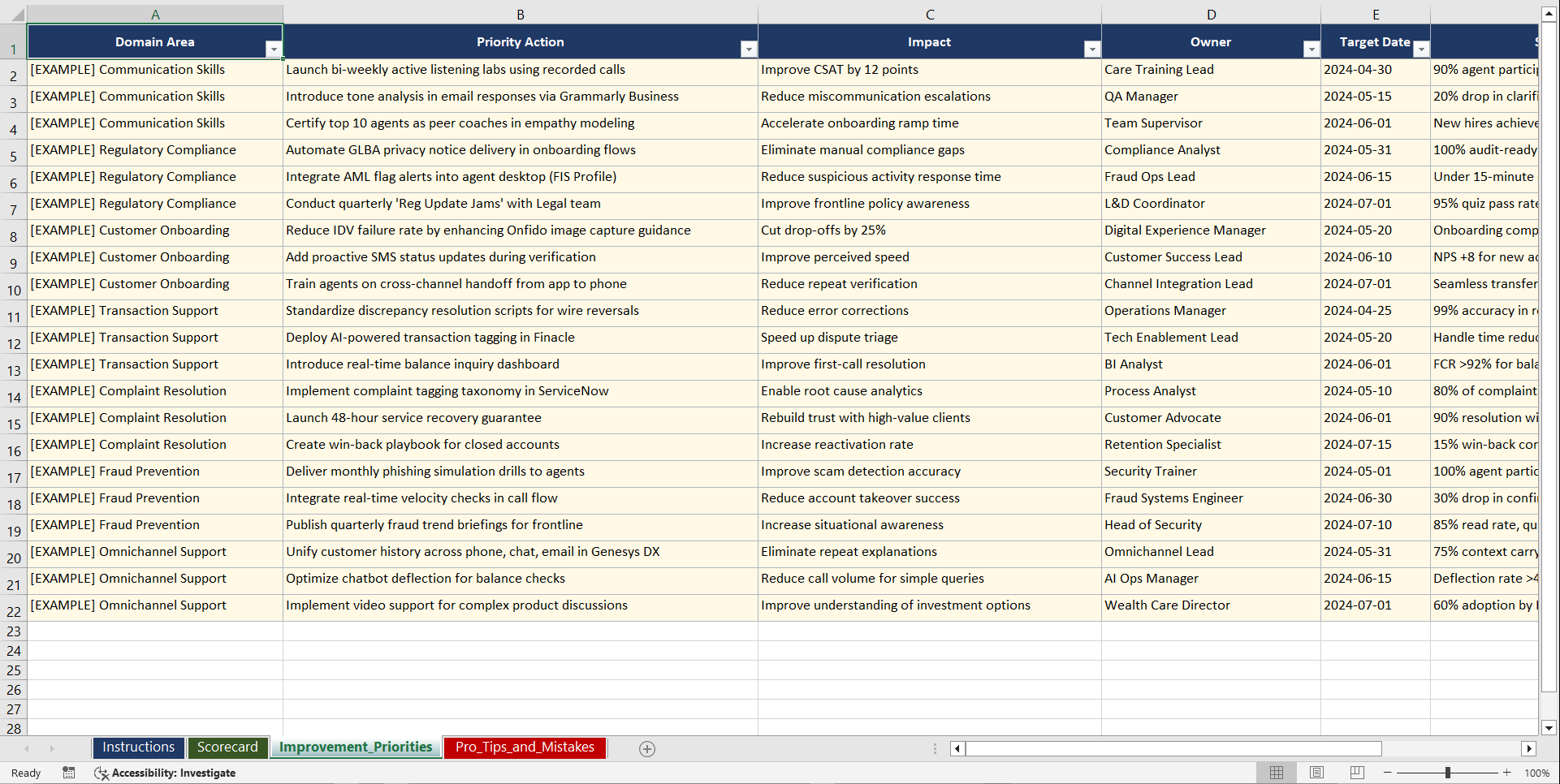 Financial Services Customer Care Playbook (Excel template (XLSX)) Preview Image