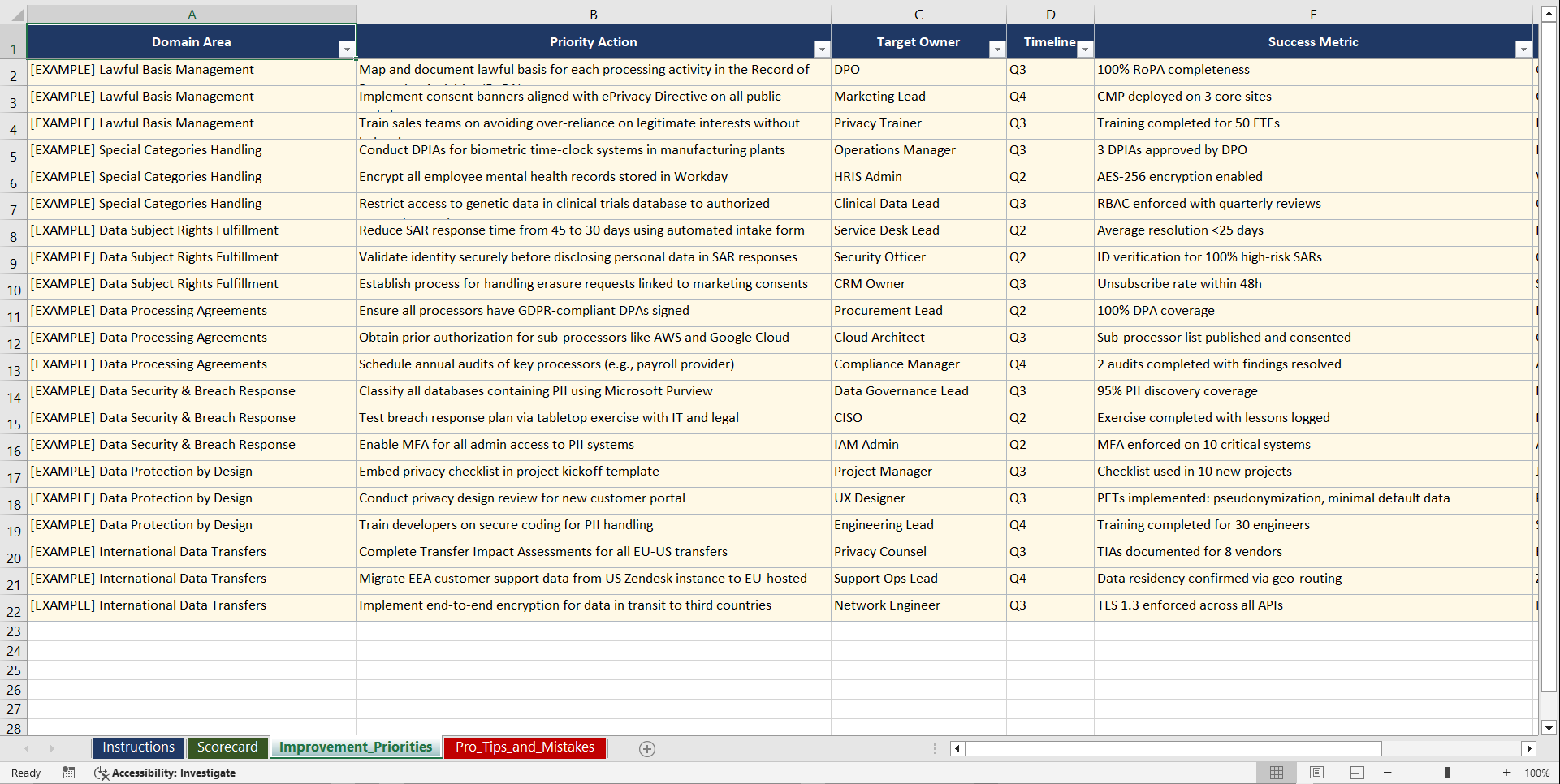 GDPR Data Privacy Implementation Playbook (Excel template (XLSX)) Preview Image
