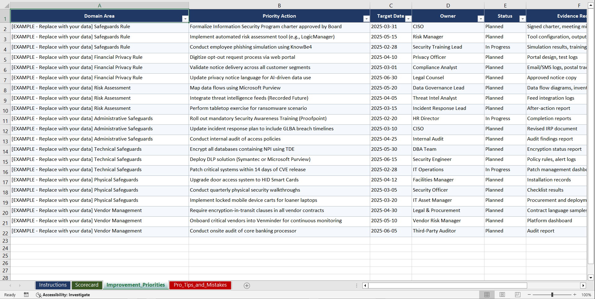 GLBA Financial Privacy Compliance Playbook (Excel template (XLSX)) Preview Image