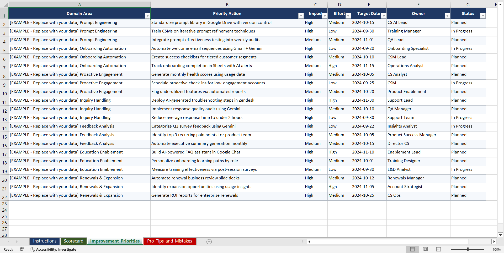 Google Gemini for Customer Success Playbook (Excel template (XLSX)) Preview Image