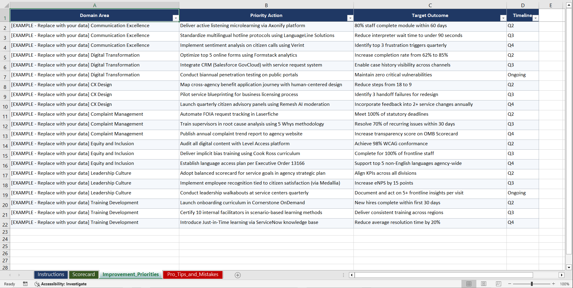 Government Customer Service Excellence Playbook (Excel template (XLSX)) Preview Image