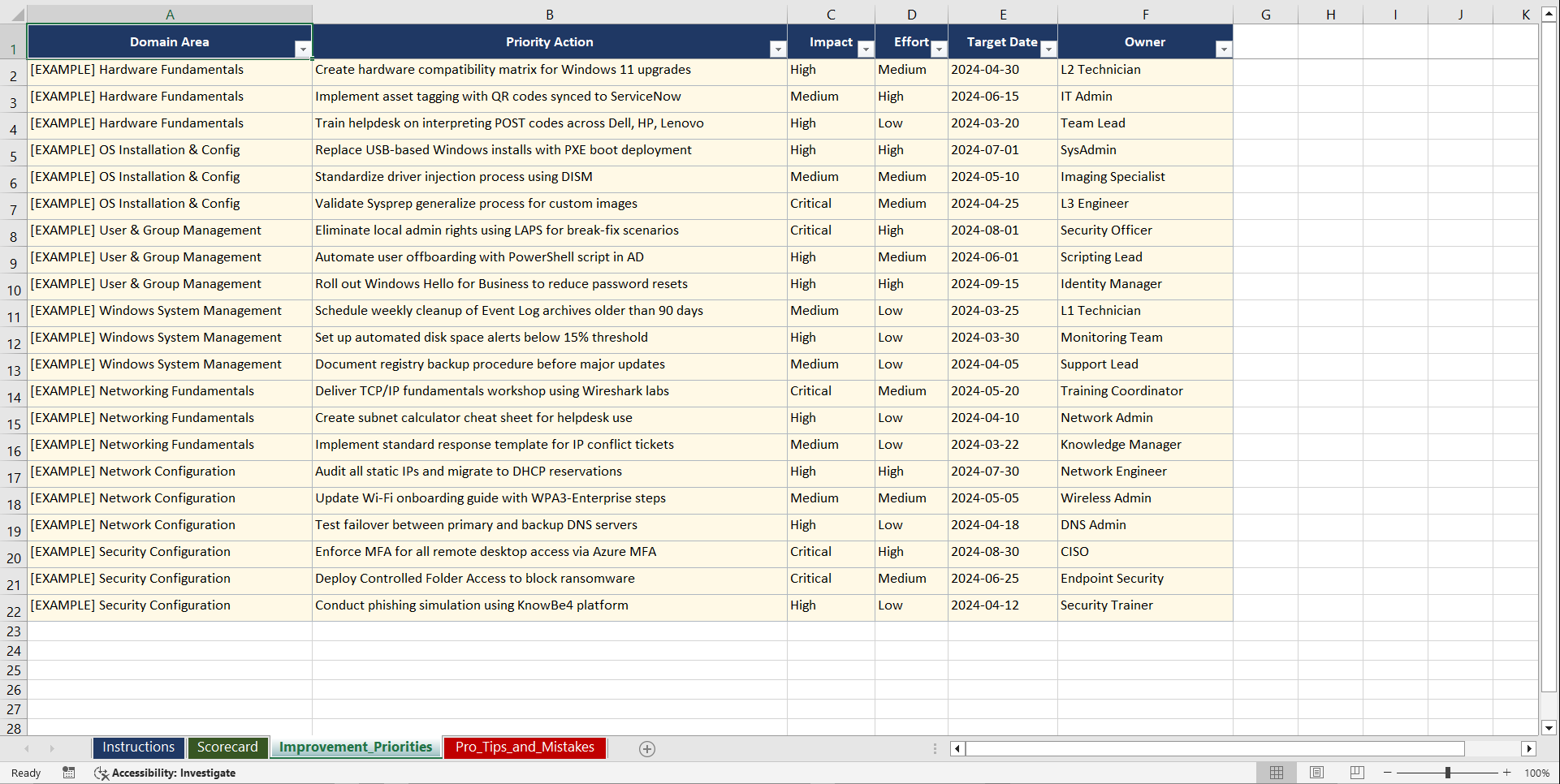 HDI Desktop Support Technician Prep Playbook (Excel template (XLSX)) Preview Image