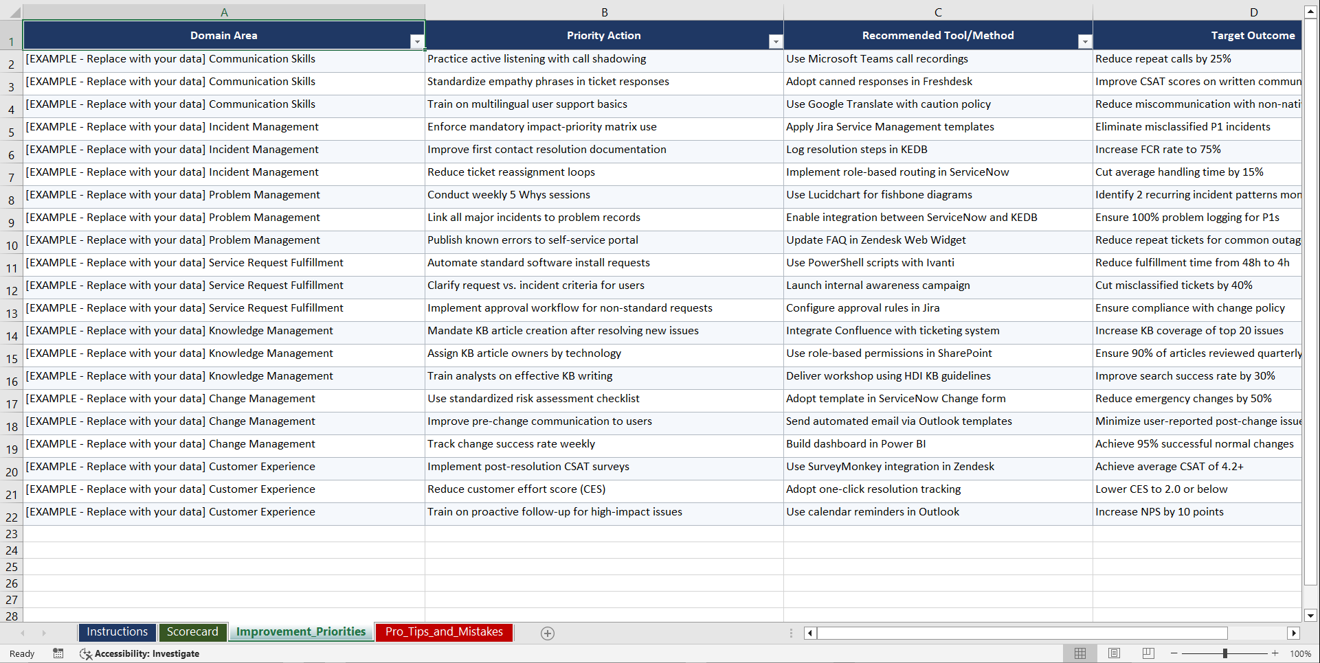 HDI Support Center Analyst Prep Playbook (Excel template (XLSX)) Preview Image