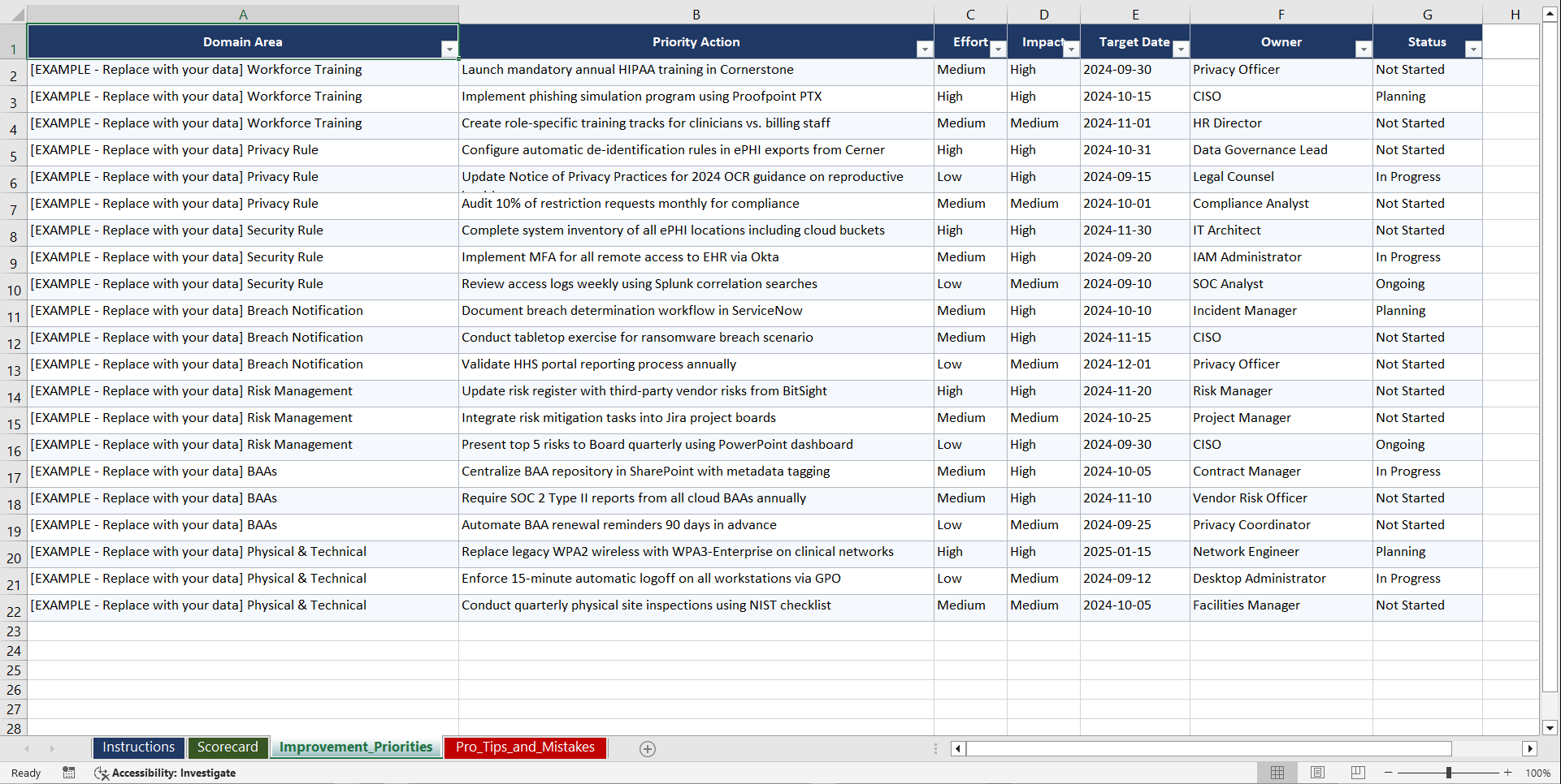 HIPAA Healthcare Privacy and Security Playbook (Excel template (XLSX)) Preview Image